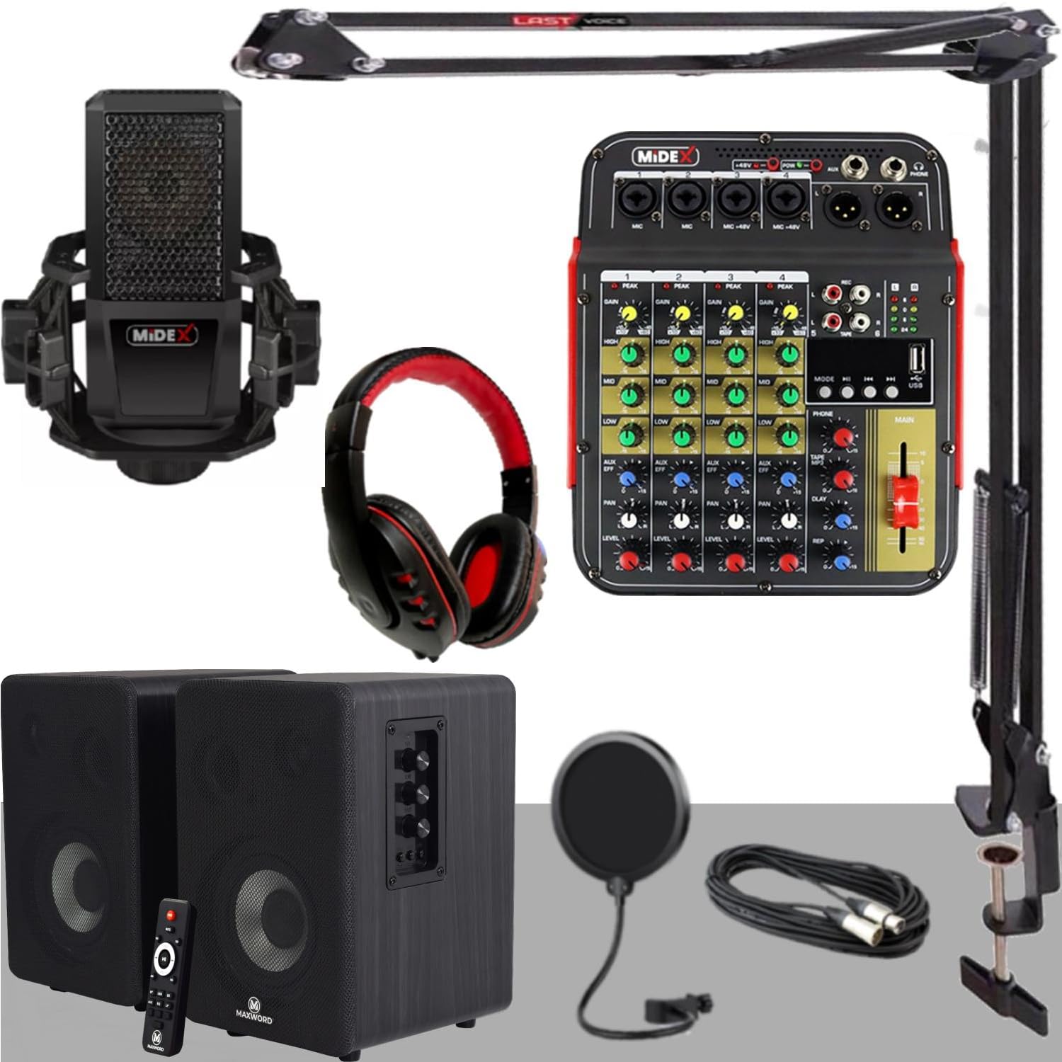 Midex İmpressive Paket-2 Stüdyo Ekipmanları Kayıt Seti (Monitör Mikrofon Mikser Kulaklık)