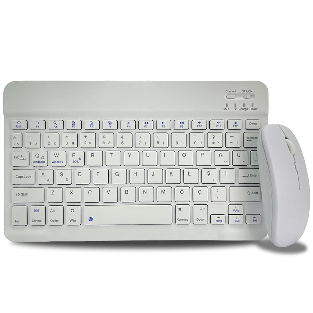 Coverzone Bluetooth Kablosuz Türkçe Klavye ve Fare ile Mini Şarj Edilebilir Alüminyum Alışım Bluetooth Mouse Süper Hafif Taşınabillir Bluetooth Eşleştirmeli Midi Klavye 25cm x 15cm 2 Renk Seçeneği (Beyaz)
