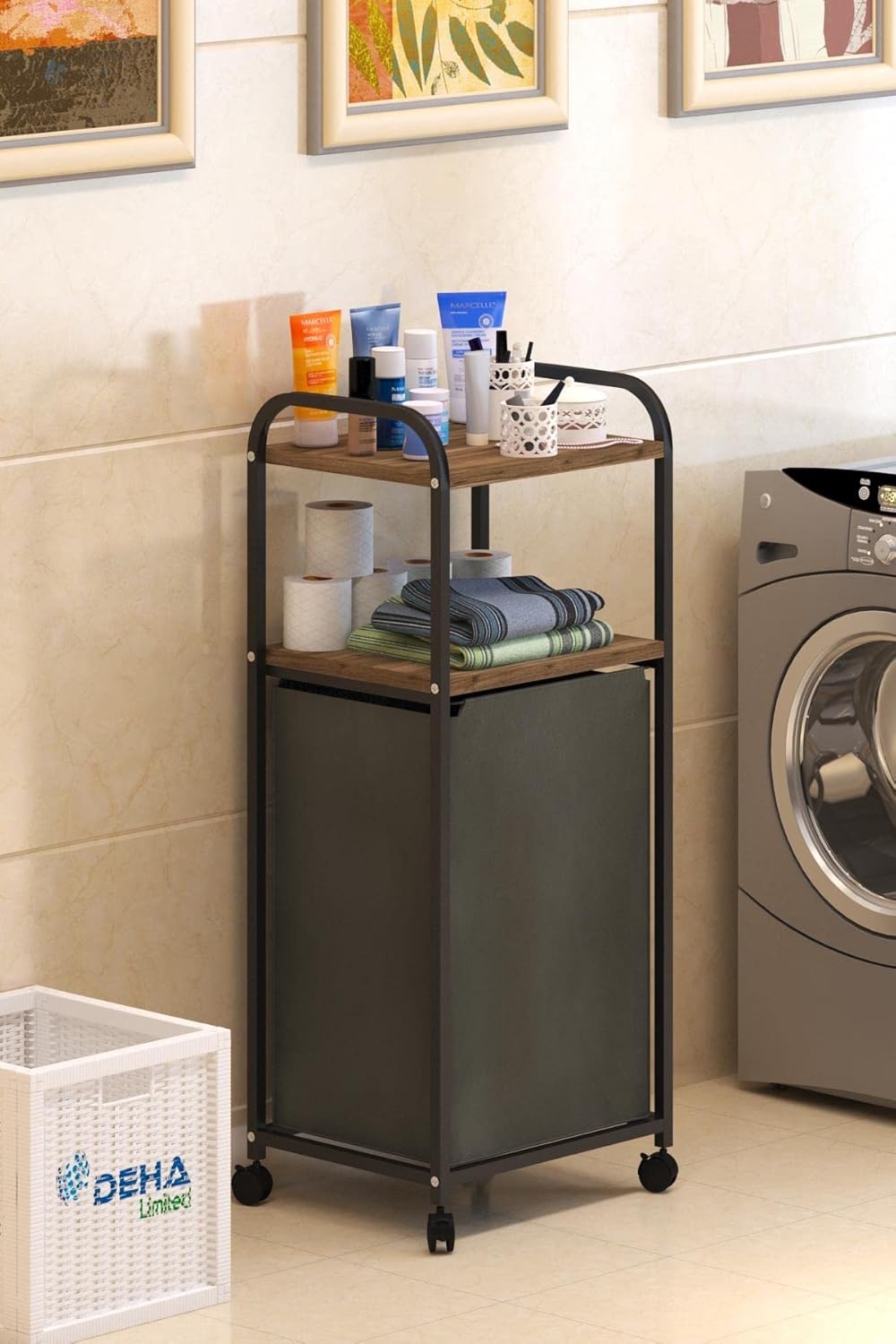 Dehalimited 2 RAFLI FRENLİ TEKERLEKLİ ÇAMAŞIR SEPETİ BANYO DOLABI KİRLİ SEPETLİ BANYO DÜZENLEYİCİ ÇAMAŞIRLIK Kahnanerengi, Dehalimited