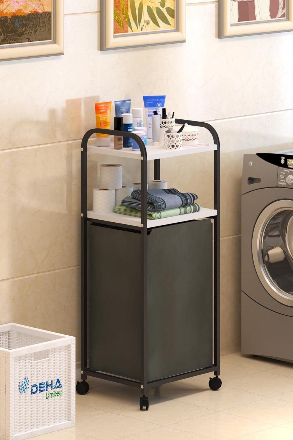 Dehalimited 2 RAFLI FRENLİ TEKERLEKLİ ÇAMAŞIR SEPETİ BANYO DOLABI KİRLİ SEPETLİ BANYO DÜZENLEYİCİ ÇAMAŞIRLIK Beyaz, Dehalimited