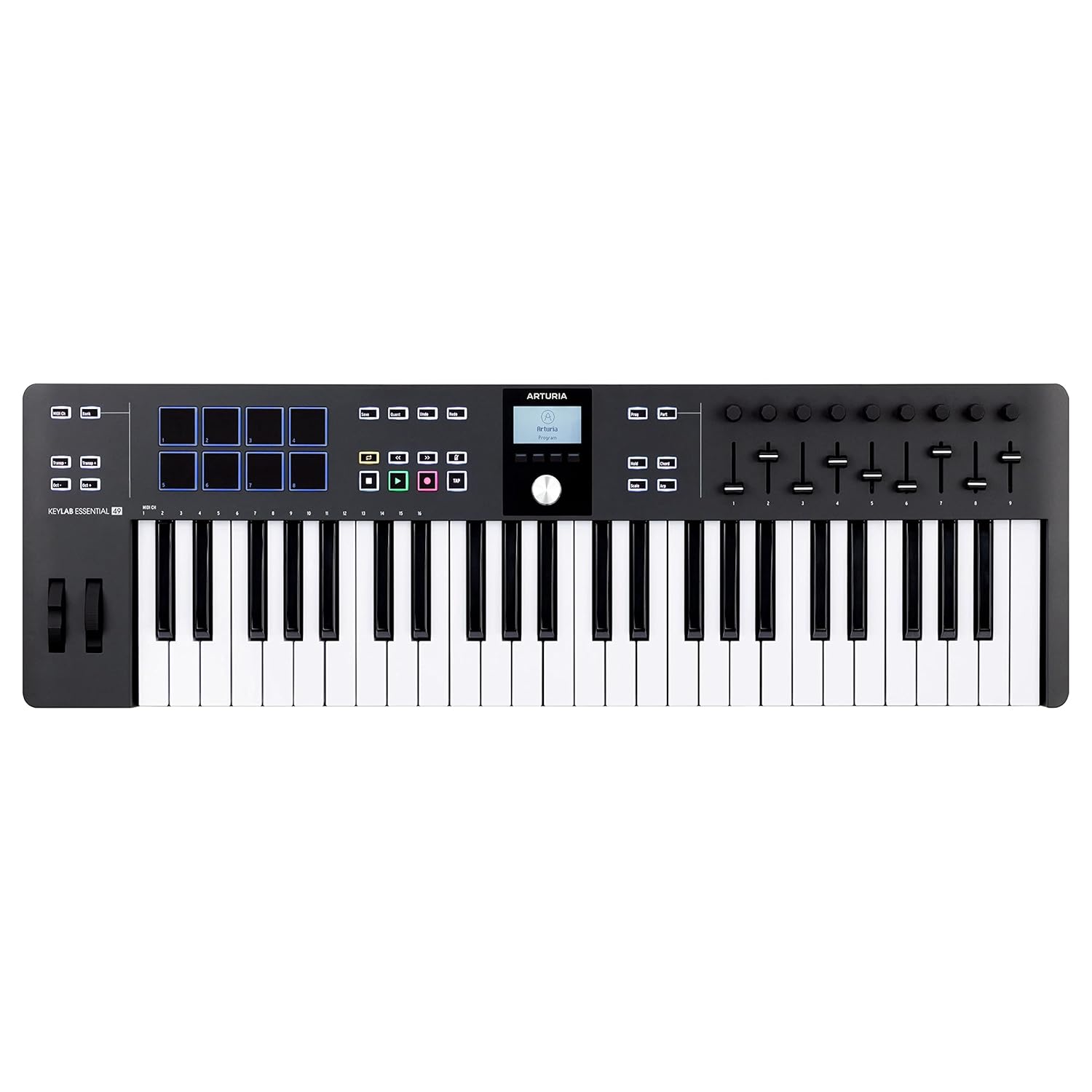 Arturia – Keylab Essential 49 mk3 | Müzik Prodüksiyonu İçin MIDI kontrolcü, Kapsamlı Yazılım Paketi, 49-Tuş, 9 Encoder, 9 Fader, 1 Modülasyon Tekerleği, 1 Pitch Bend Tekerleği, 8 pad – Siyah