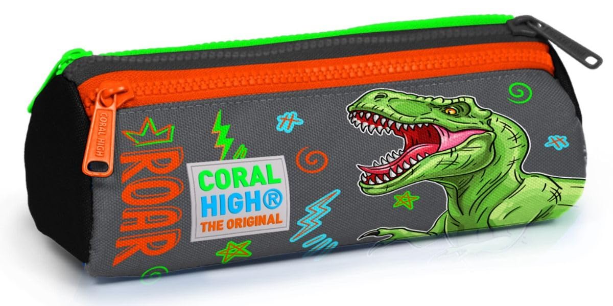 Coral High Gri Yeşil T-Rex Üç Bölmeli Kalem Çantası -Erkek Çocuk