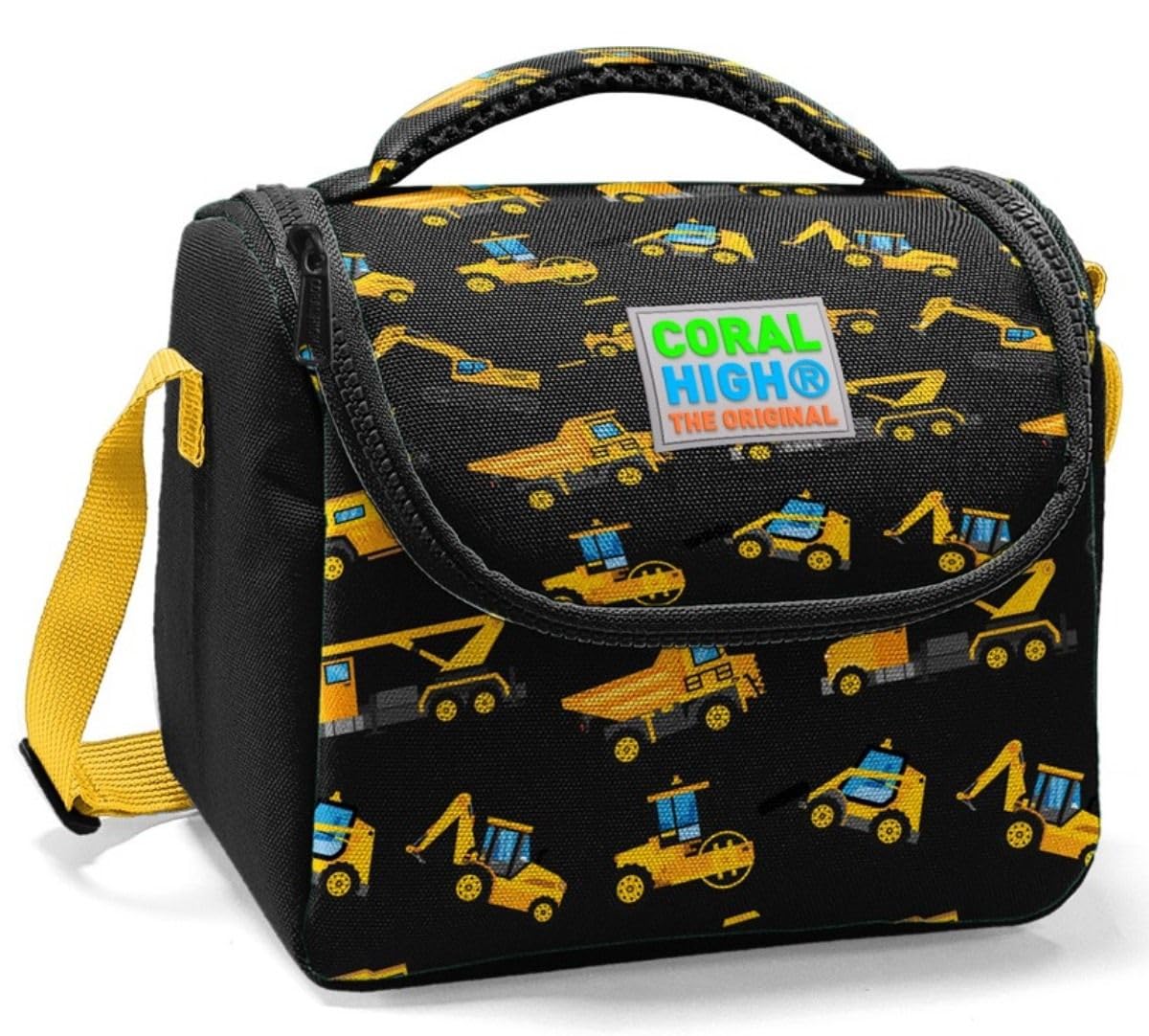 Coral High Siyah Sarı İş Makinesi Baskılı Okul Beslenme Çantası