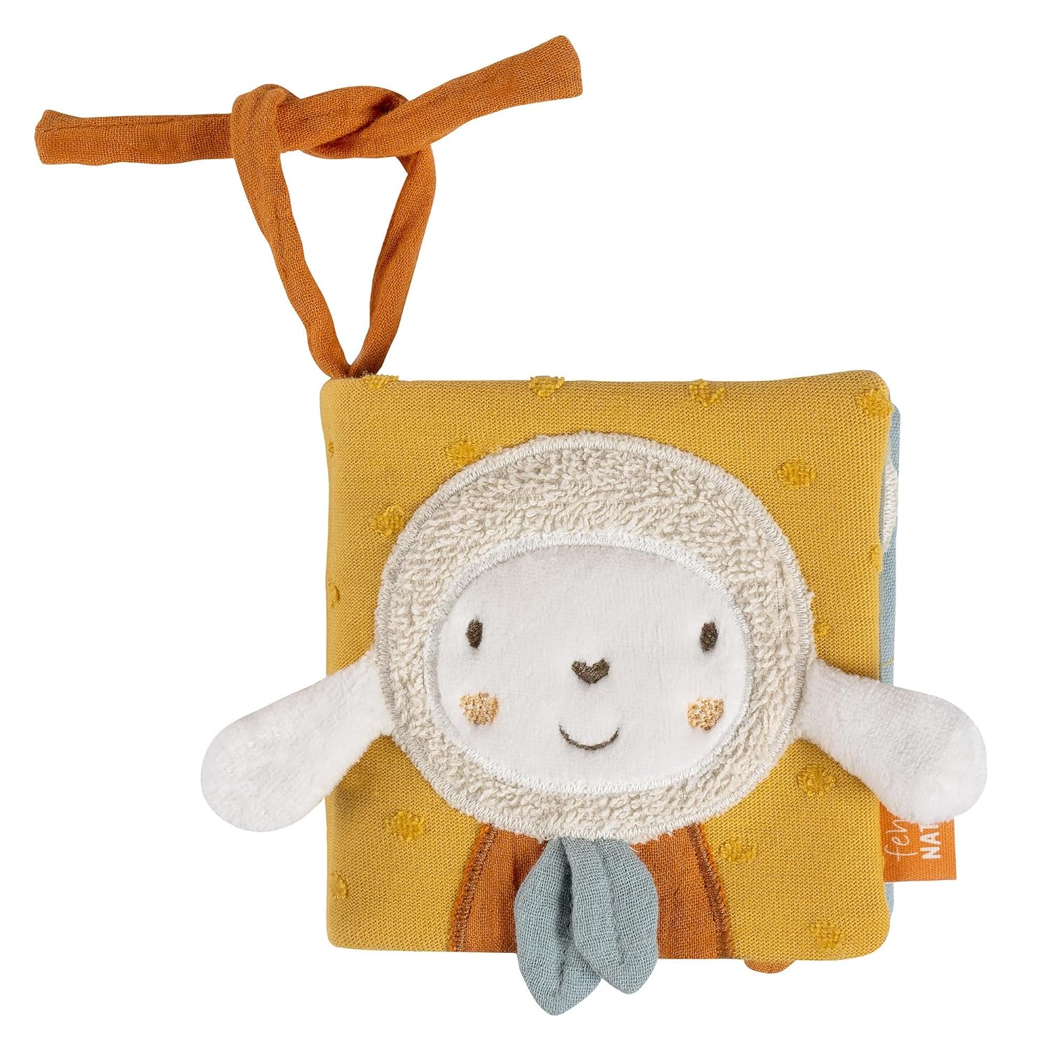 Fehn Feel Book Sheep fehnNATUR - Kumaştan yapılmış bebek arabası kitabı - Gıcırtılı, hışırtılı kağıt ve aynalı - Sabitleme kordonlu bebek kitabı - 0+ aydan itibaren