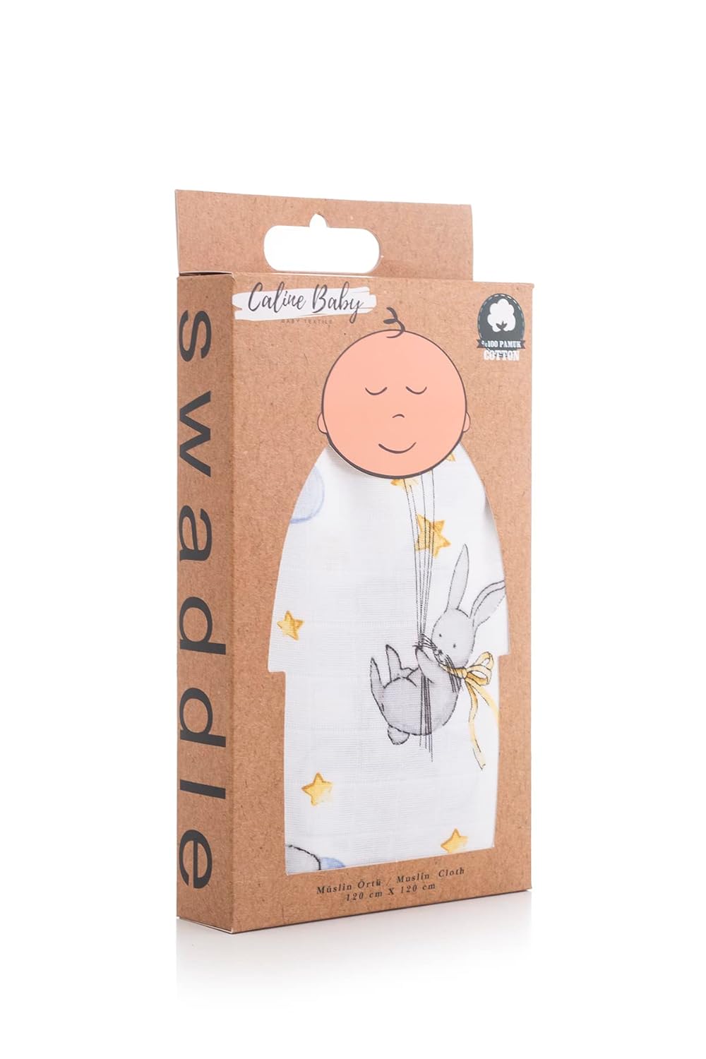 Caline Baby Müslin Bezi Örtü Tavşan Desen - Gri 120x120 cm + 4 Adet Ağız Mendili