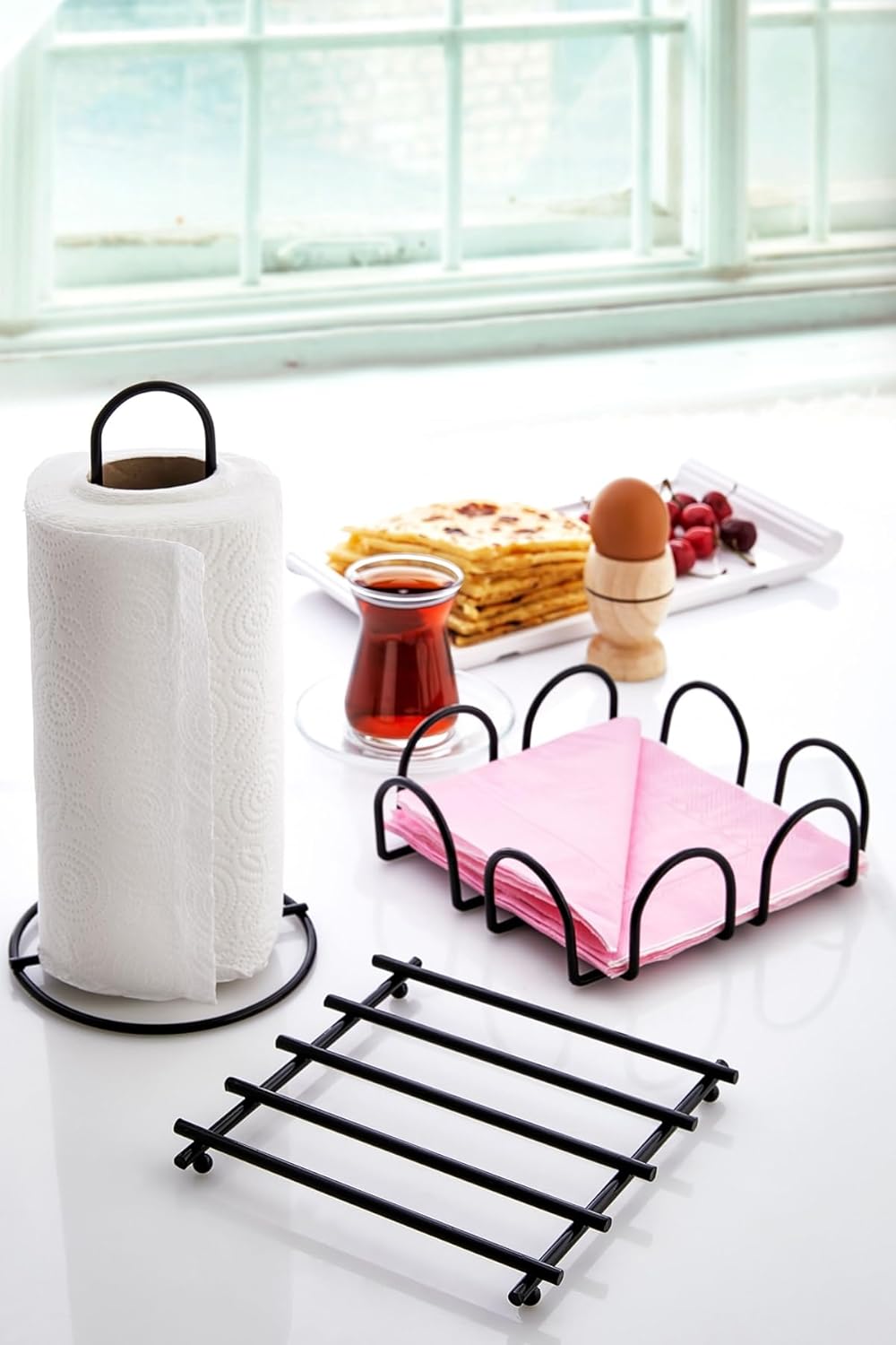 İLİVA 3'lü Siyah Nihale Peçetelik Havluluk Seti, Black, Rengi Paslanmaz Çelik Mutfak Servis Sunum Takımı