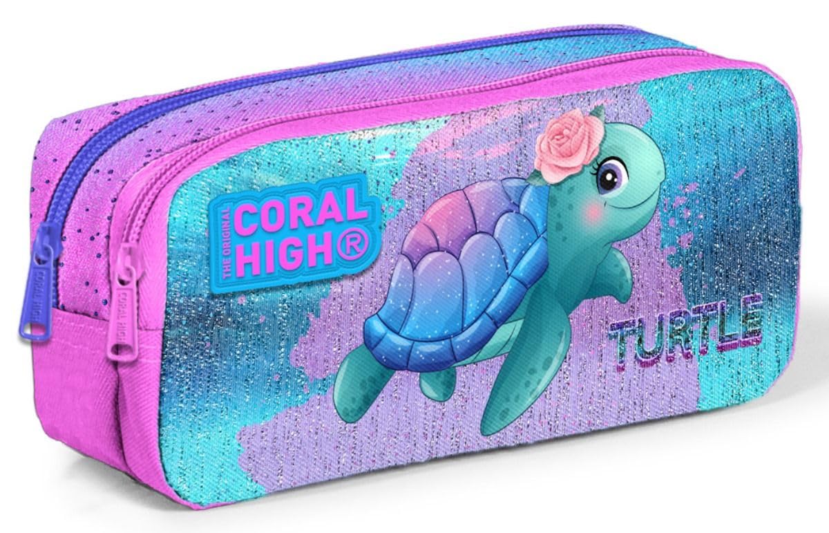 Coral High İki Bölmeli Kız Çocuk Pembe Yeşil Kaplumbağa Kalem Çantası Kalemlik