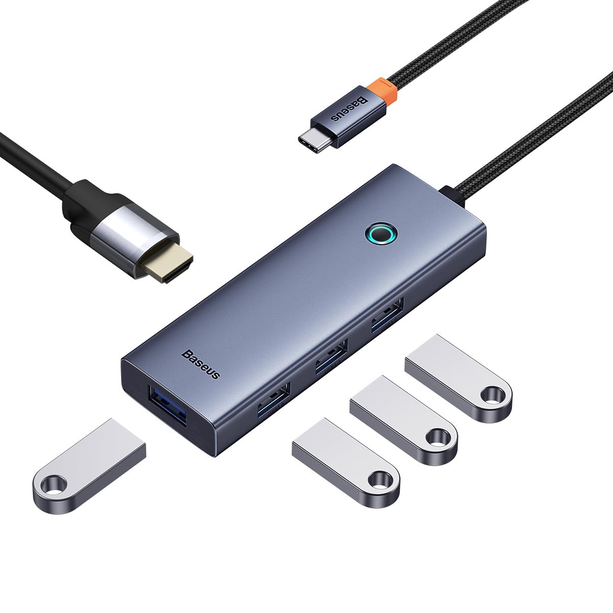 Baseus UltraJoy 5’i 1 Arada USB Hub, 1x HDMI 4K@30Hz + 4x USB 3.0 Port, Çoklayıcı Adaptör, Type-C Girişli Cihazlar İçin Uyumlu, Gri