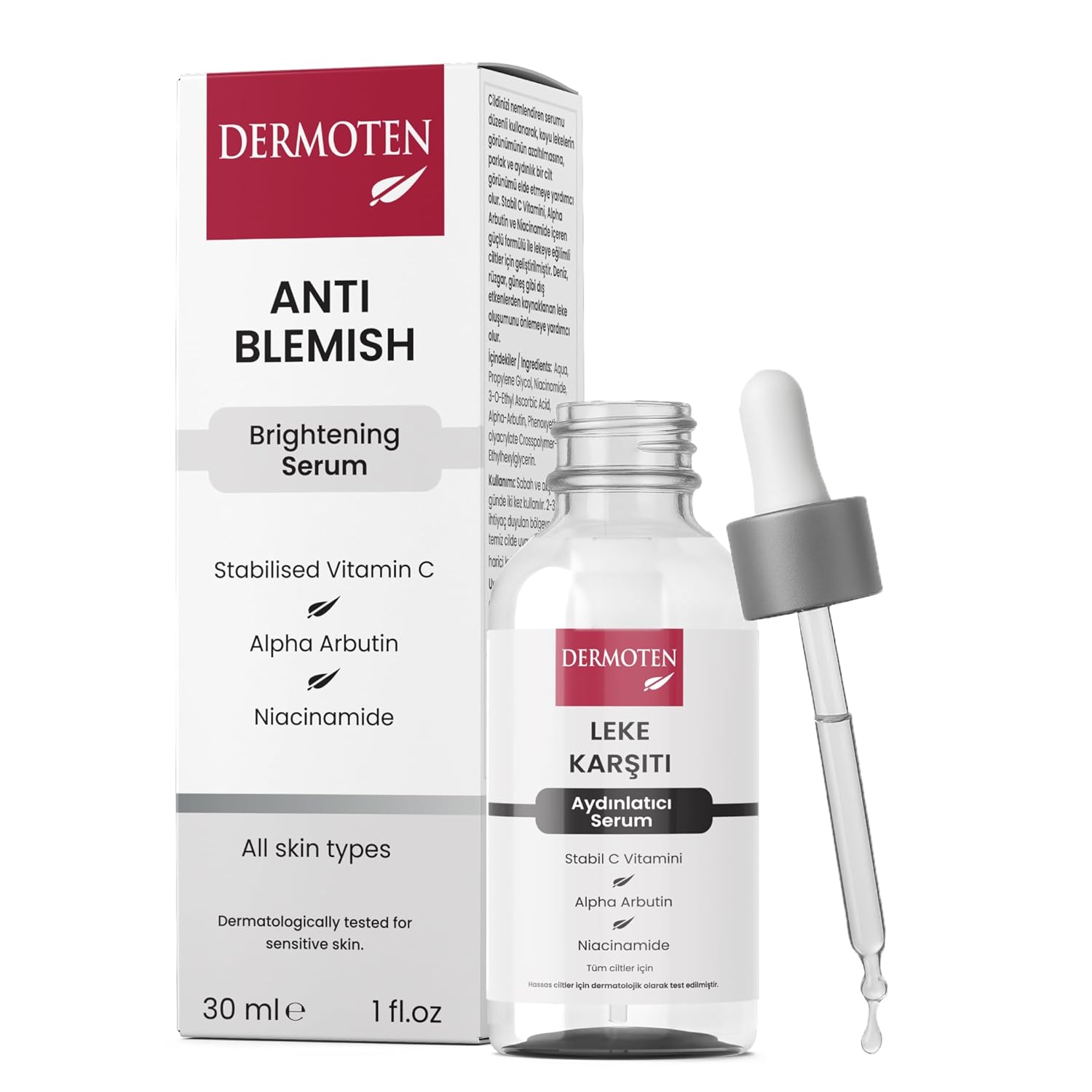 Dermoten Leke Karşıtı, Aydınlatıcı C Vitaminli Cilt Bakım Serumu 30 ml
