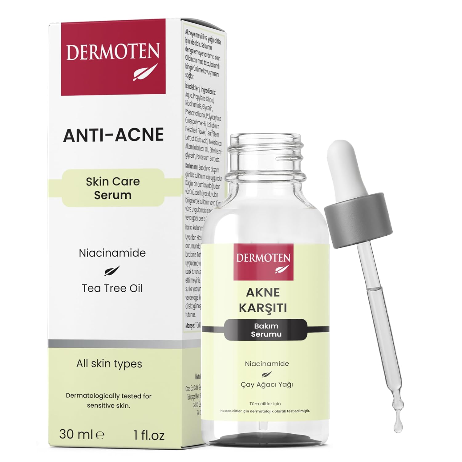 Dermoten Akne Karşıtı, Niacinamide ve Çay Ağacı Yağlı Cilt Bakım Serumu 30 ml