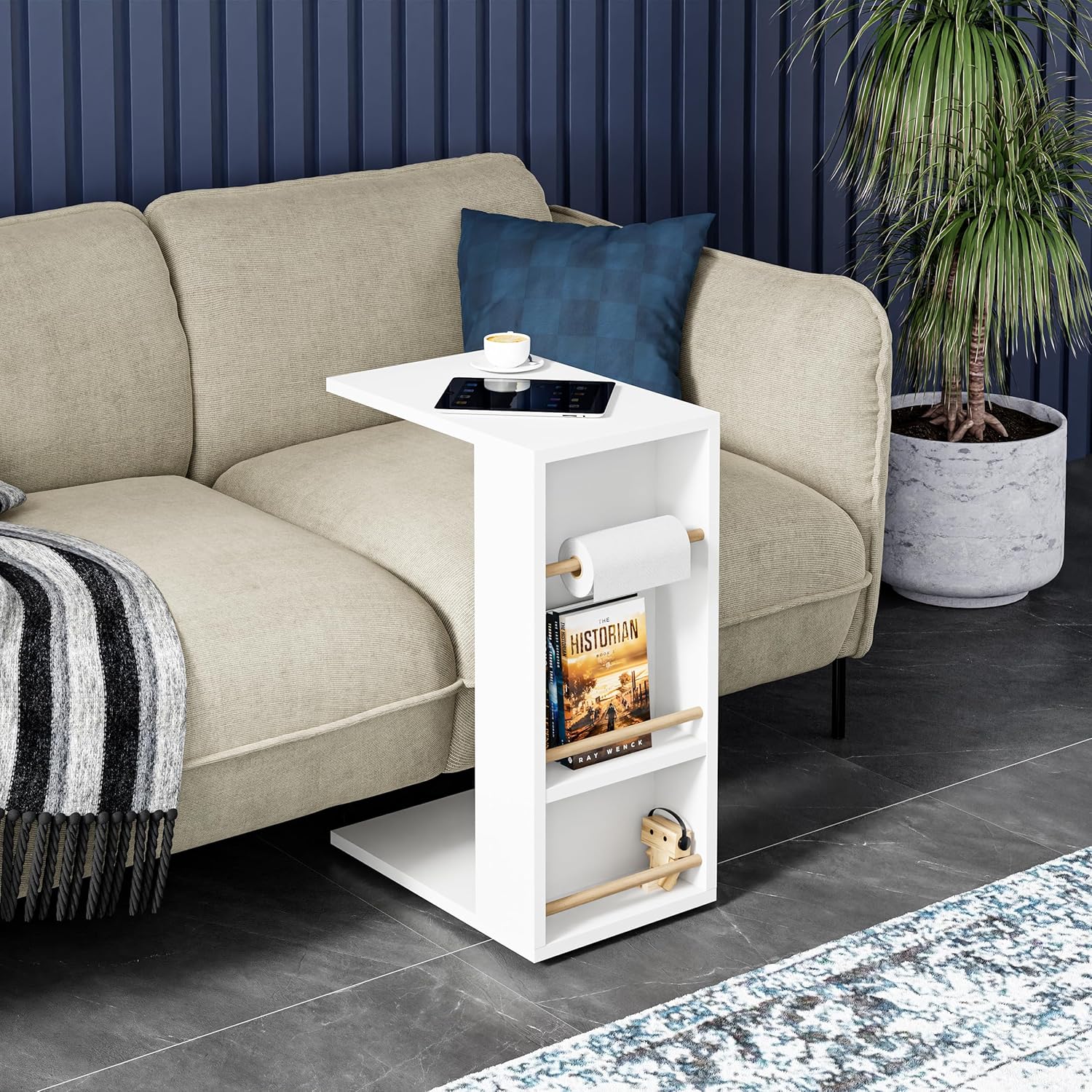 interGO-Tekerlekli Yan Sehpa Rulo Havlu Takılabilir Koltuk Sehpası C Sehpa Zigon Sehpa (Beyaz)