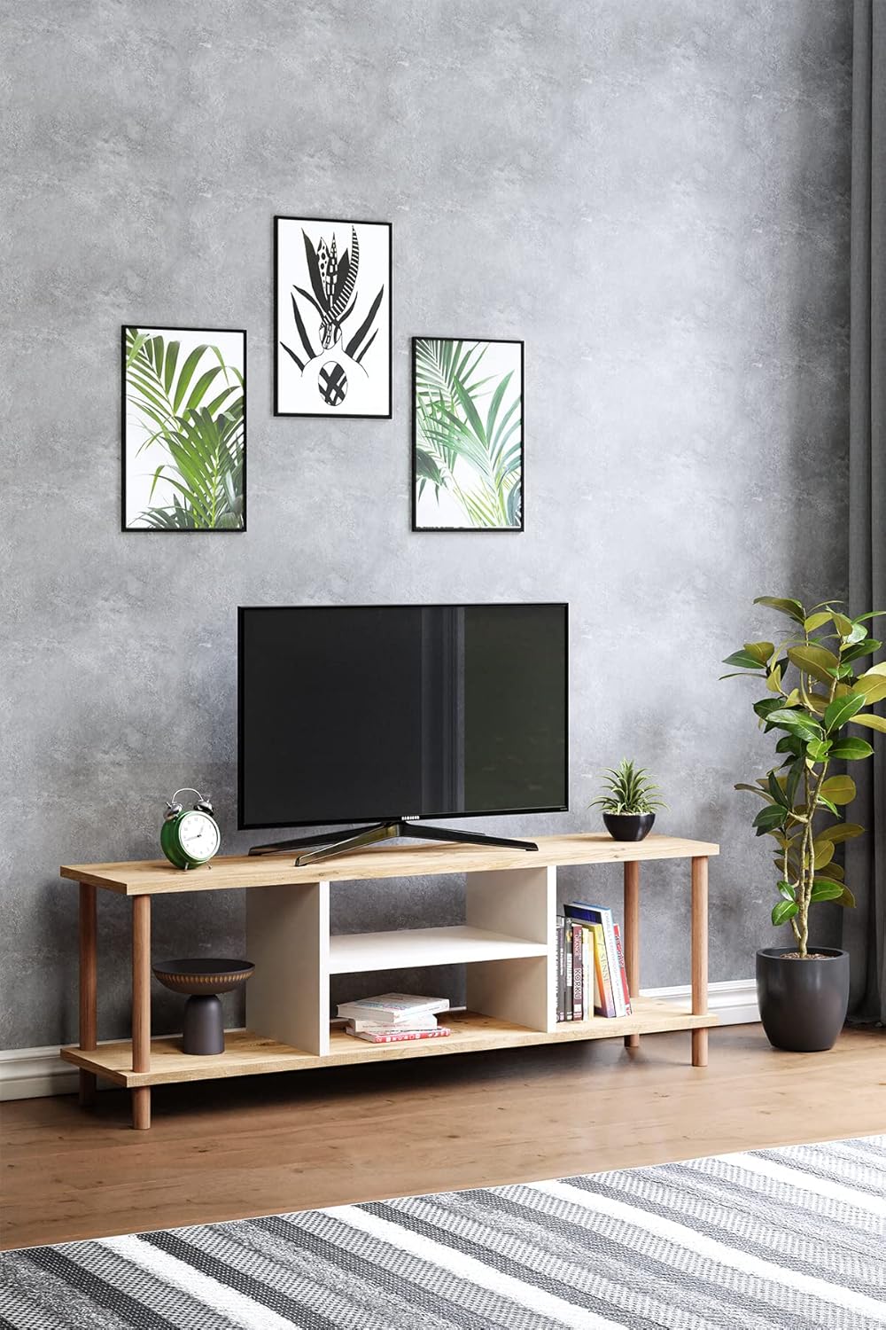 interGO-Tv Sehpası Raflı Tv Ünitesi Televizyon Sehpası Ahşap Ayaklı (Atlantik Çam, Beyaz)