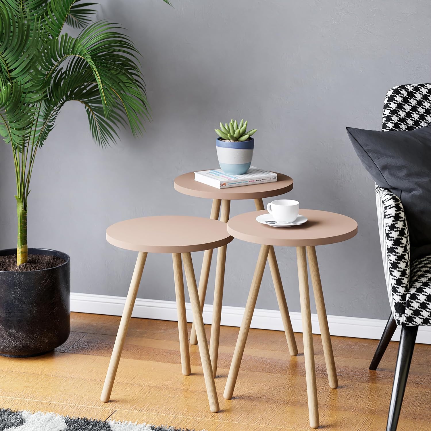 interGO-Üçlü Zigon Sehpa Ahşap Ayaklı Yuvarlak Tasarım (Cappuccino)