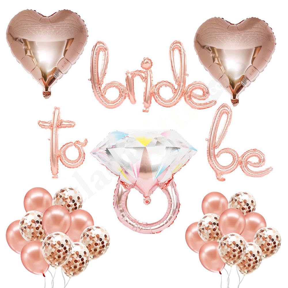 Patladı Gitti Bride To Be El Yazısı, Tek Taş Yüzük Ve Kalp Folyo Balonlu Rose Gold Set