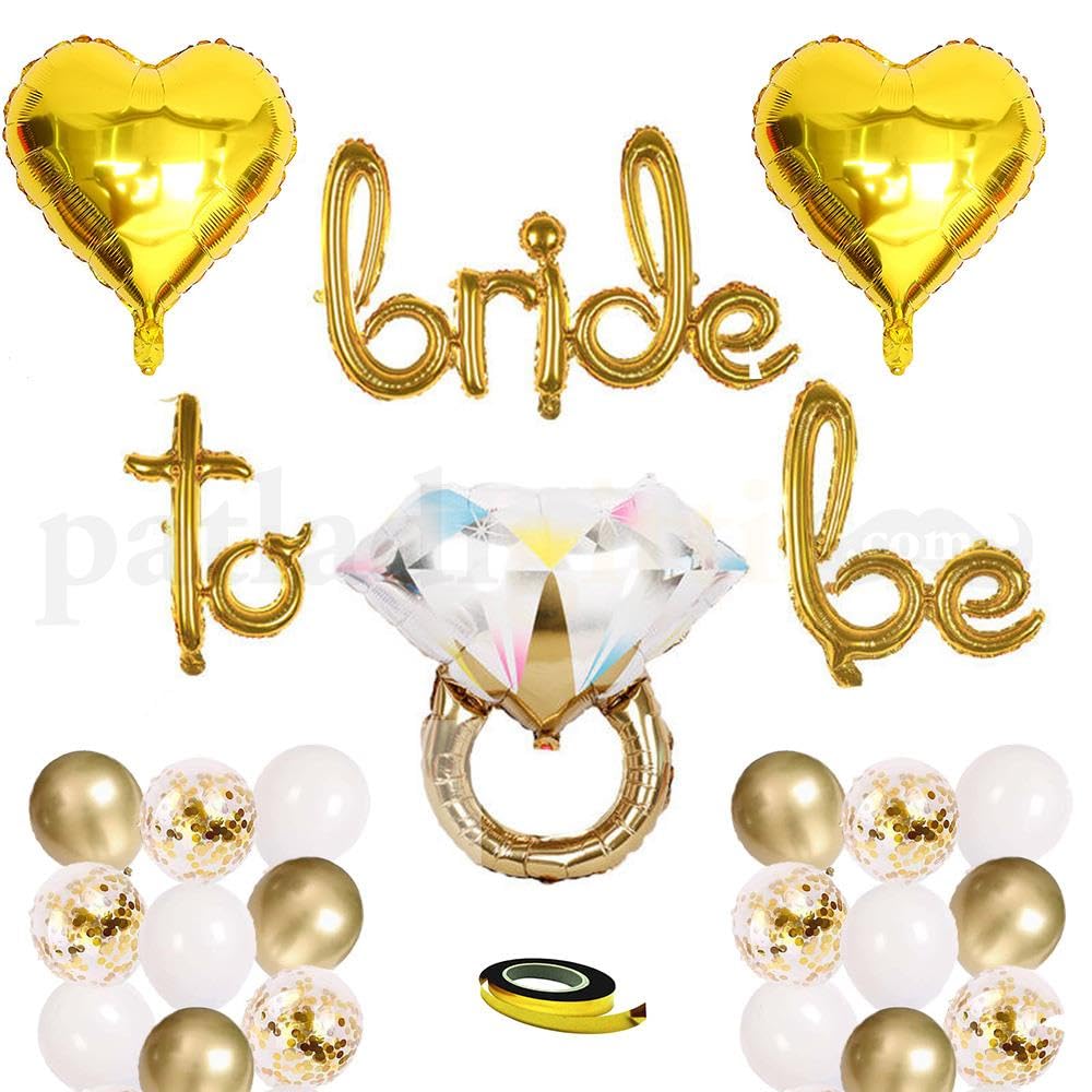 Patladı Gitti Bride To Be El Yazısı, Tek Taş Yüzük Ve Kalp Folyo Balonlu Gold Bride To Be Set