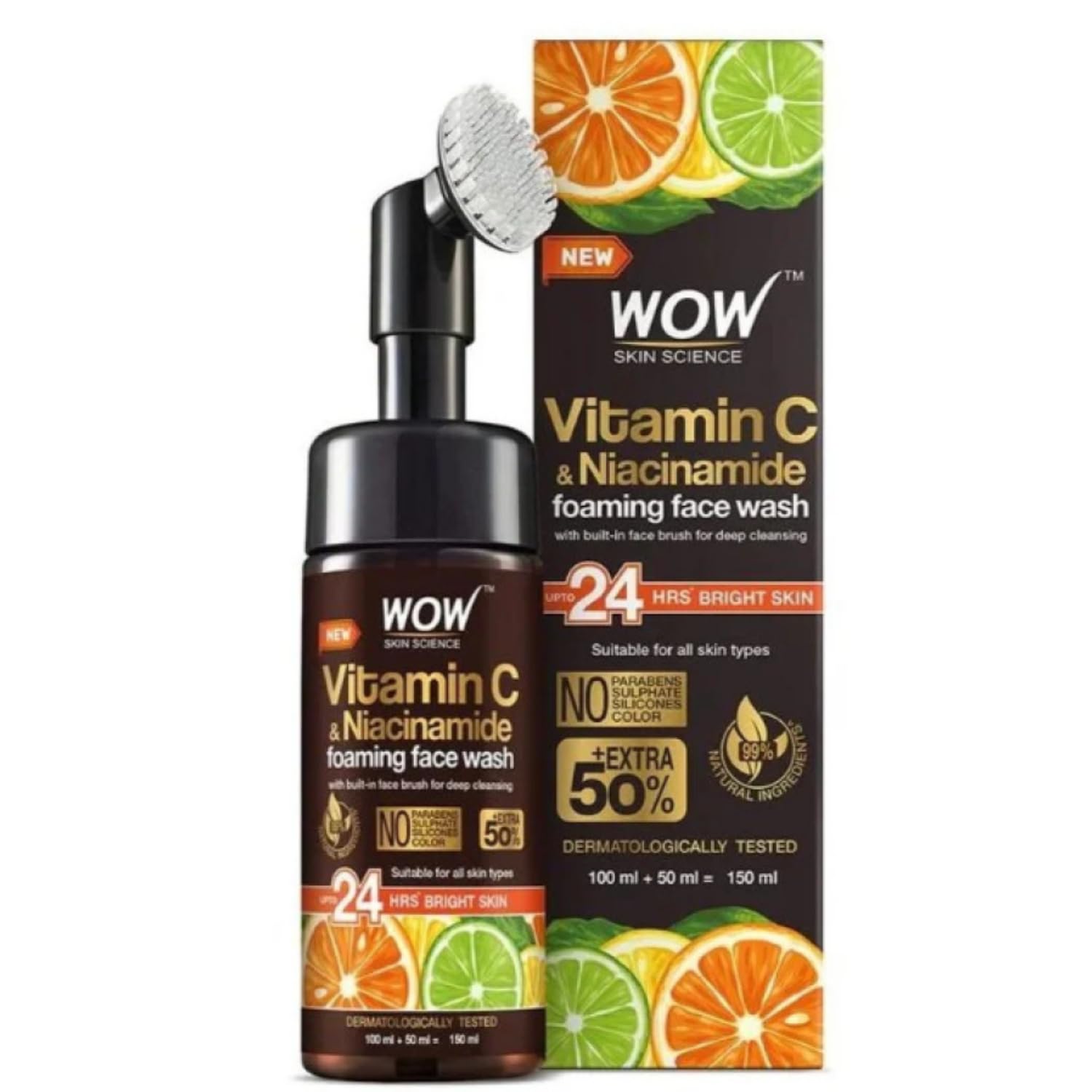WOW Skin Science C Vitamini Yüz Yıkama Köpüğü Fırçalı Yüzde Doksan Sekiz Doğal içerik Aydınlatıcı, derin temizlik, 150ml