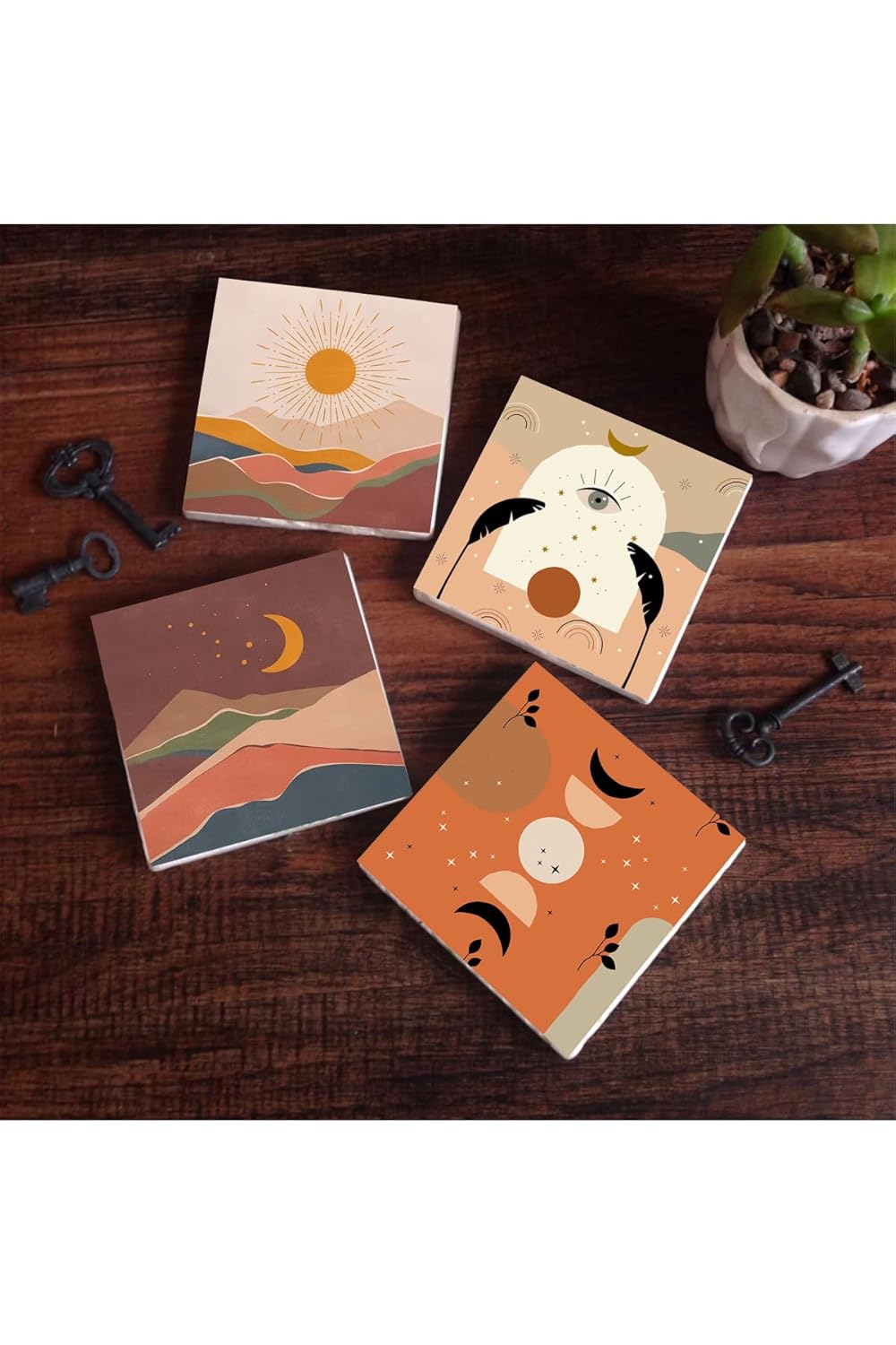 Pinecone Stone Bohem Taş Bardak Altlığı Seti - 4 Parça - Dekoratif, Rustik Mutfak Aksesuarı, 10x10 cm, Kaydırmaz Tabanlı, Şık ve Dayanıklı SC273