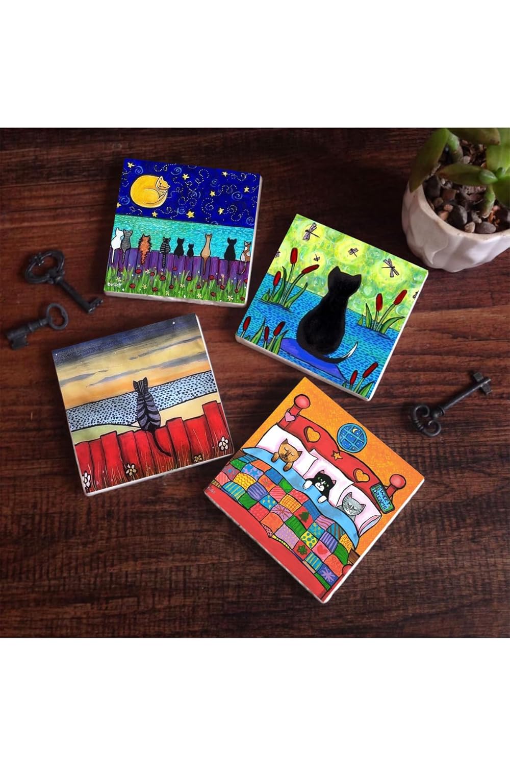 Pinecone Stone Kedi Taş Bardak Altlığı Seti - 4 Parça - Dekoratif, Rustik Mutfak Aksesuarı, 10x10 cm, Kaydırmaz Tabanlı, Şık ve Dayanıklı SC136