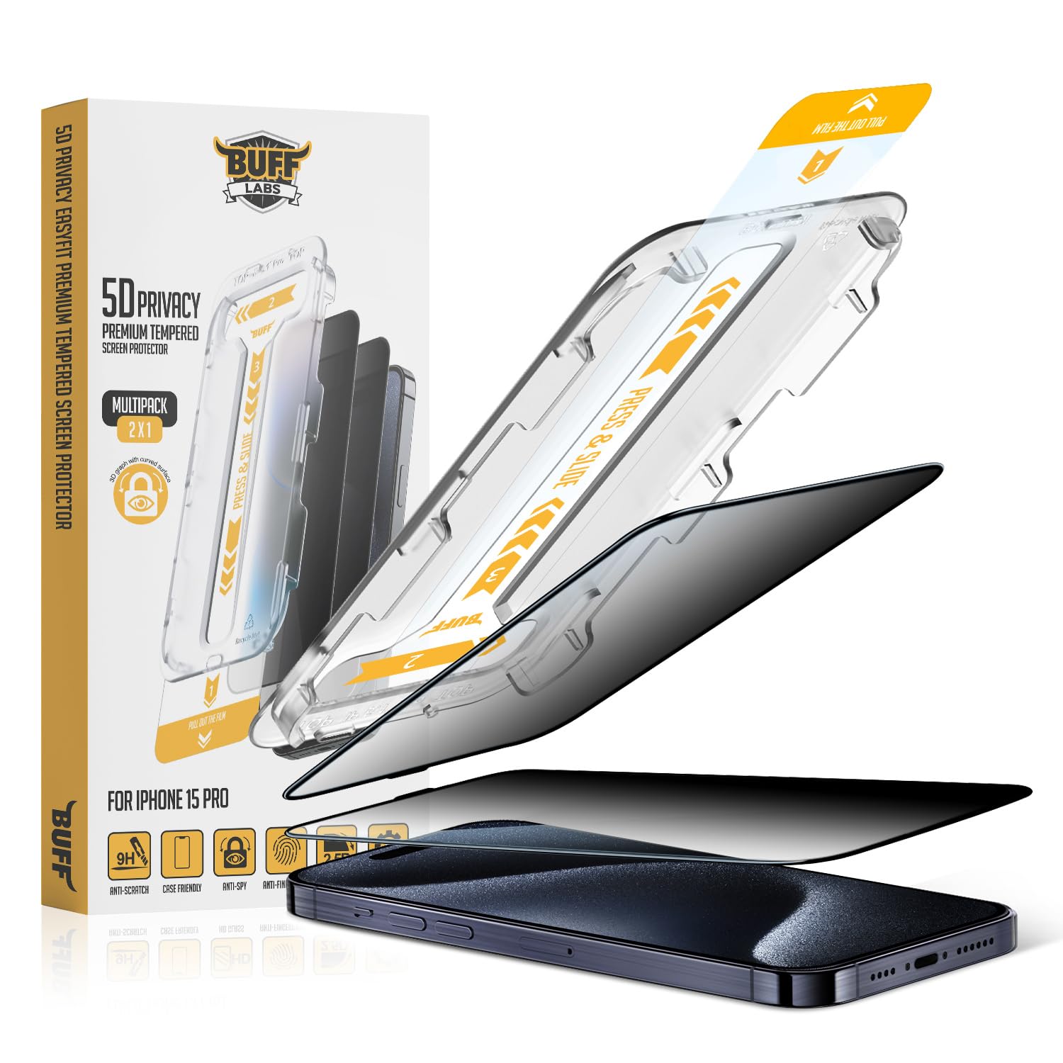 Spigen iPhone 15 Pro ile uyumlu Hayalet Cam Ekran Koruyucu Kolay Kurulum GLAS.tR EZ Fit Privacy HD (2 Adet) - AGL06894