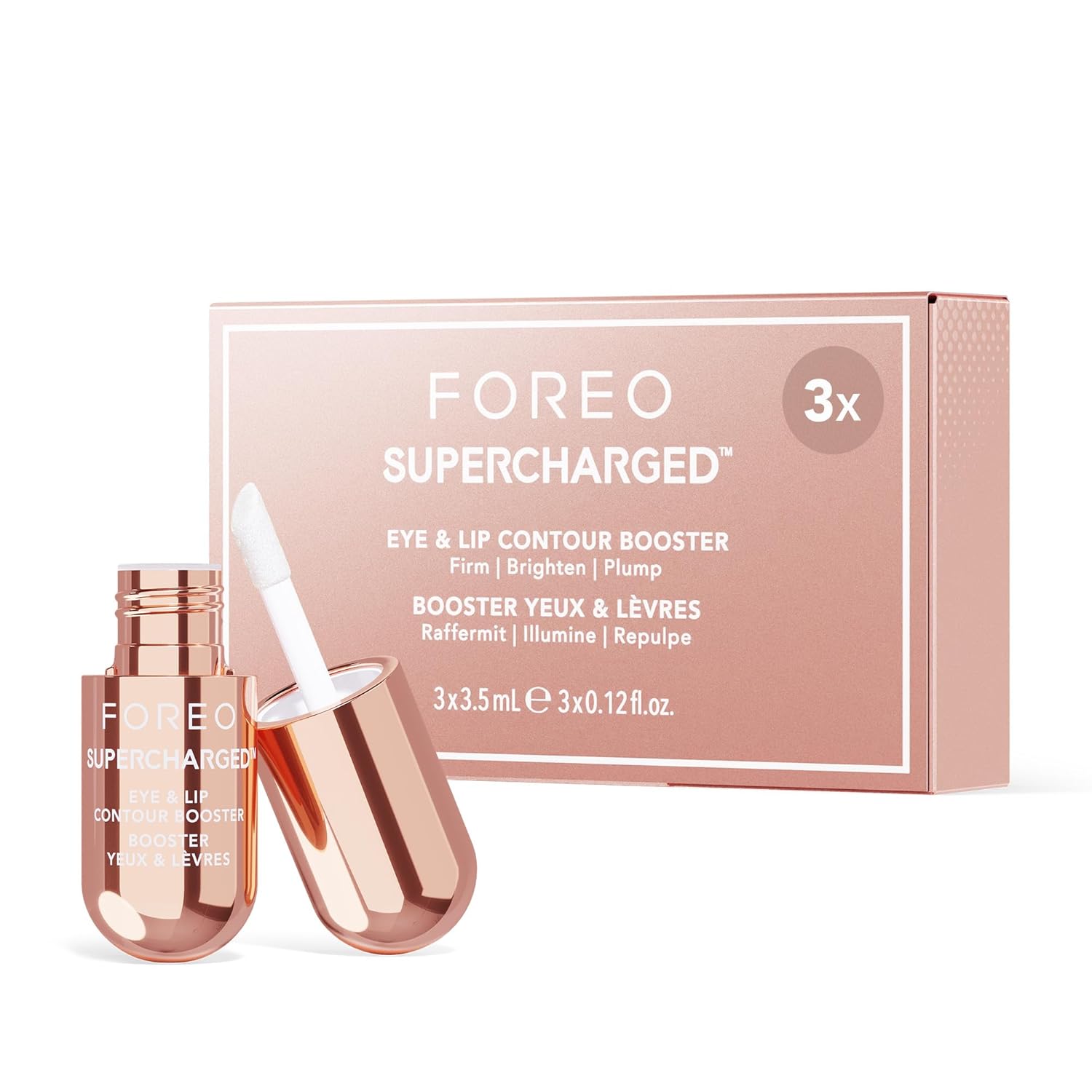FOREO SUPERCHARGED Göz ve Dudak Serumu – Niasinamid, iletken jel – Yaşlanma karşıtı, dudak dolgunlaştırıcı ve şişlik giderici bakım – Seyahat boyu – 3 x 3.5 mL