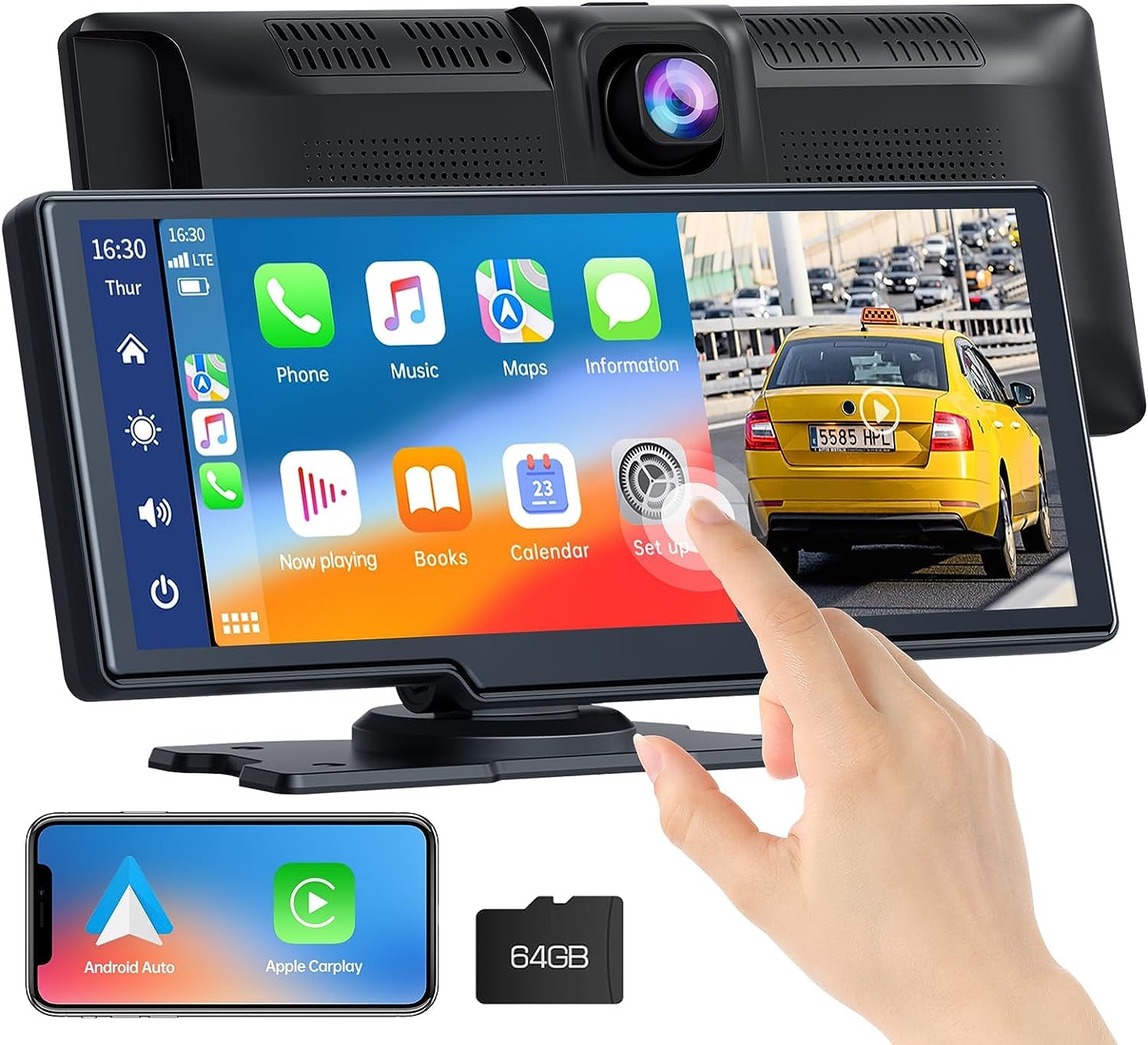 Kablosuz Apple Carplay ve Android Auto, 2K Ön Dashcam'li Araba Stereo, Bluetooth 5.0/GPS/FM/AUX/Mirror Link/64G TF Card ile Taşınabilir Carplay 9.26 İnç Full HD Dokunmatik Ekran Monitör