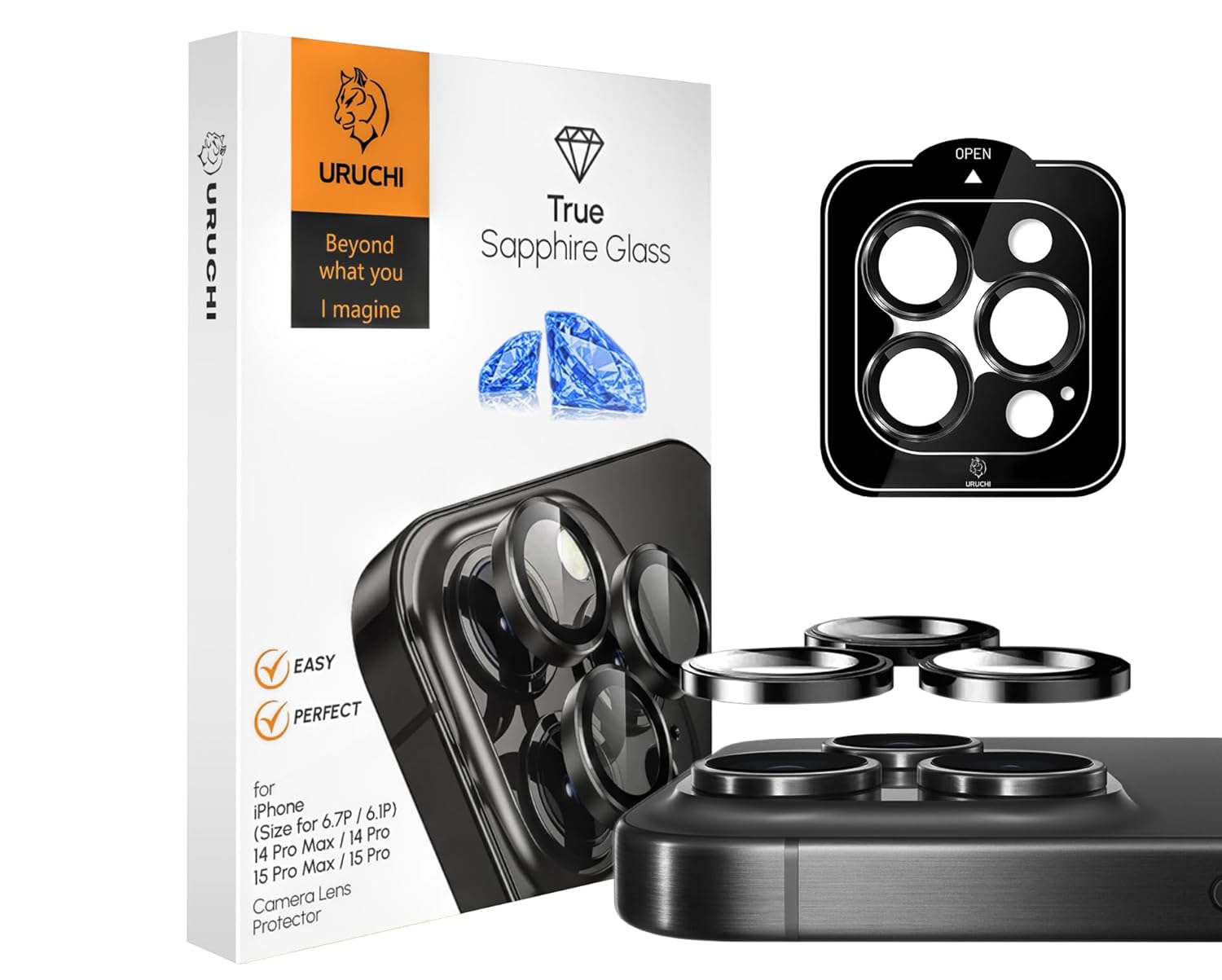 URUCHI iPhone 14 Pro / 14 Pro Max / 15 Pro / 15 Pro Max SAFİR PREMIUM Kamera Lens Koruyucu, [Orijinal Tasarım] Çizilmez 9H Temperli Cam Kamera Ekran Koruyucu, Metal Lens, Siyah