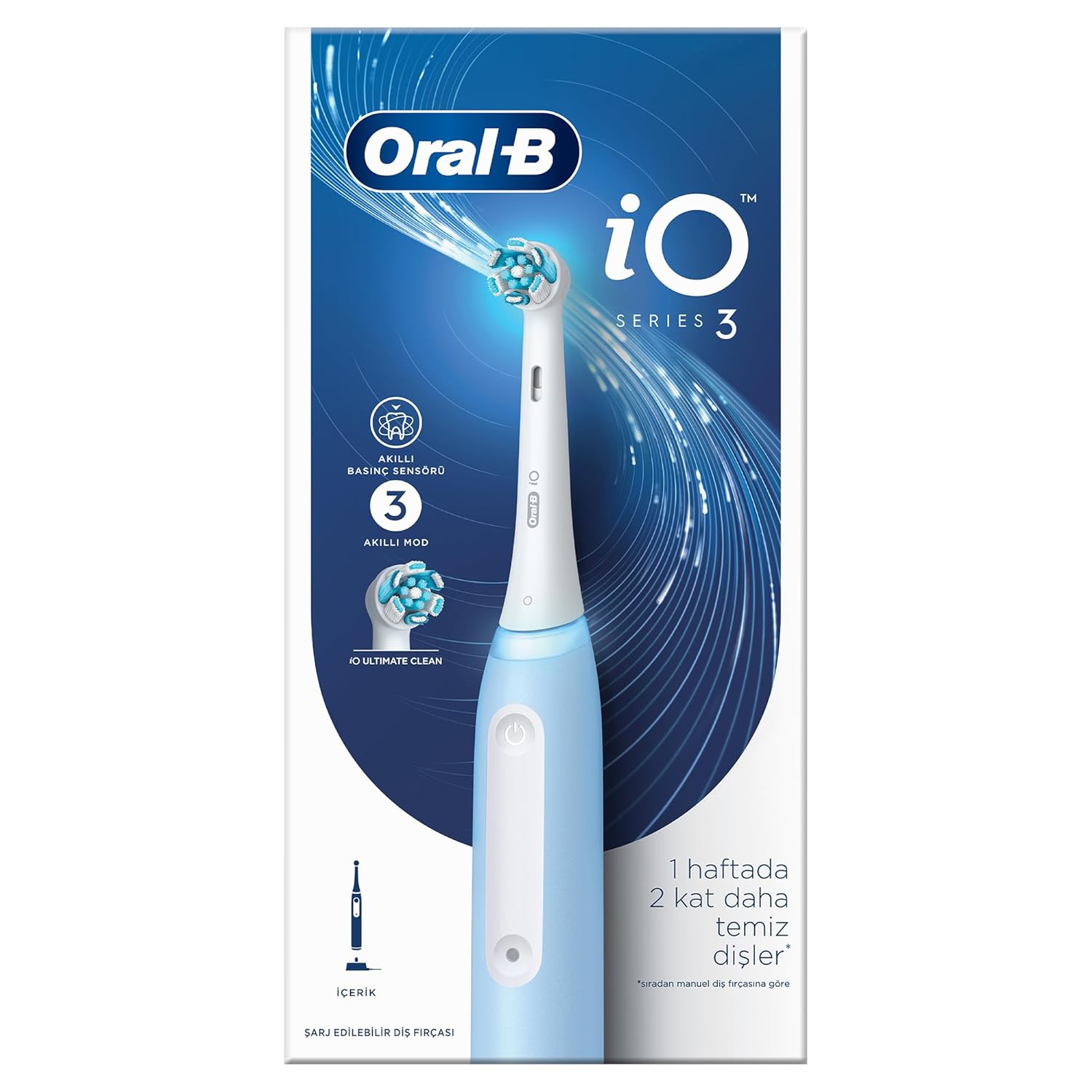 Oral-B iO - 3 Mavi Şarjlı/Elektrikli Diş Fırçası, 1 Diş Fırçası Başlığı, Braun Tasarımı
