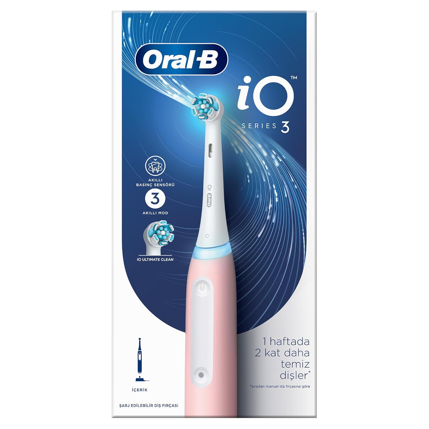 Oral-B iO - 3 Pembe Şarjlı/Elektrikli Diş Fırçası, 1 Diş Fırçası Başlığı, Braun Tasarımı