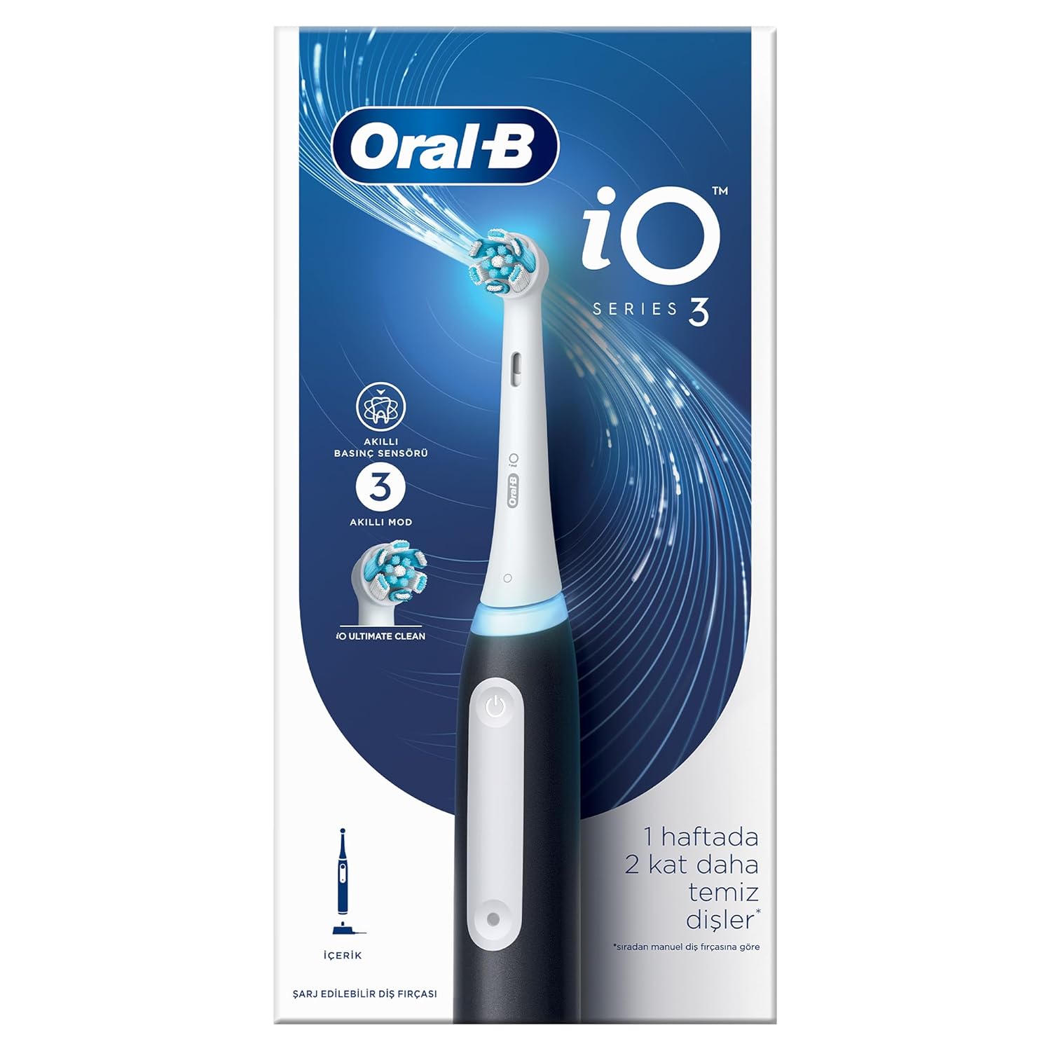 Oral-B iO - 3 Siyah Şarjlı/Elektrikli Diş Fırçası, 1 Diş Fırçası Başlığı, Braun Tasarımı