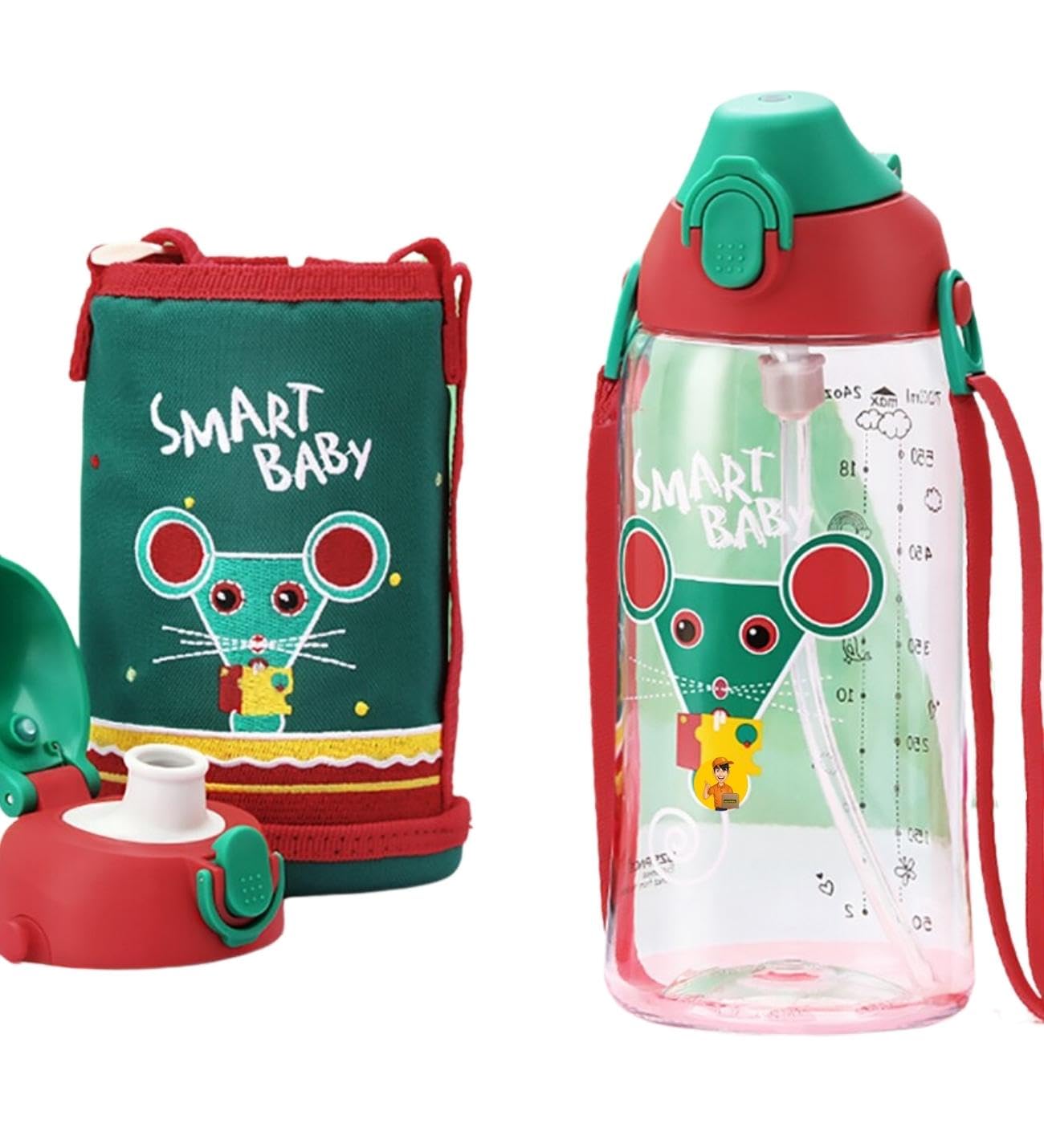 Uzspace Büyük Boy 700ml Kılıflı Askılı Pipetli/pipetsiz Iki Ayrı Kapaklı Tritan Çocuk Matarası (Smart Baby (Kırmızı-Yeşil))