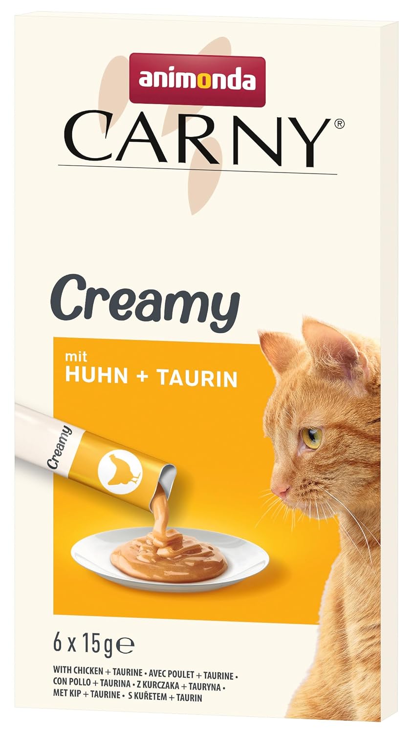 Animonda Carny Creamy kedi atıştırmalığı (6 x 15 g), birinci sınıf kedi atıştırmalığı, iddialı gurmeler için, yumuşak tavuk ve değerli taurin ile