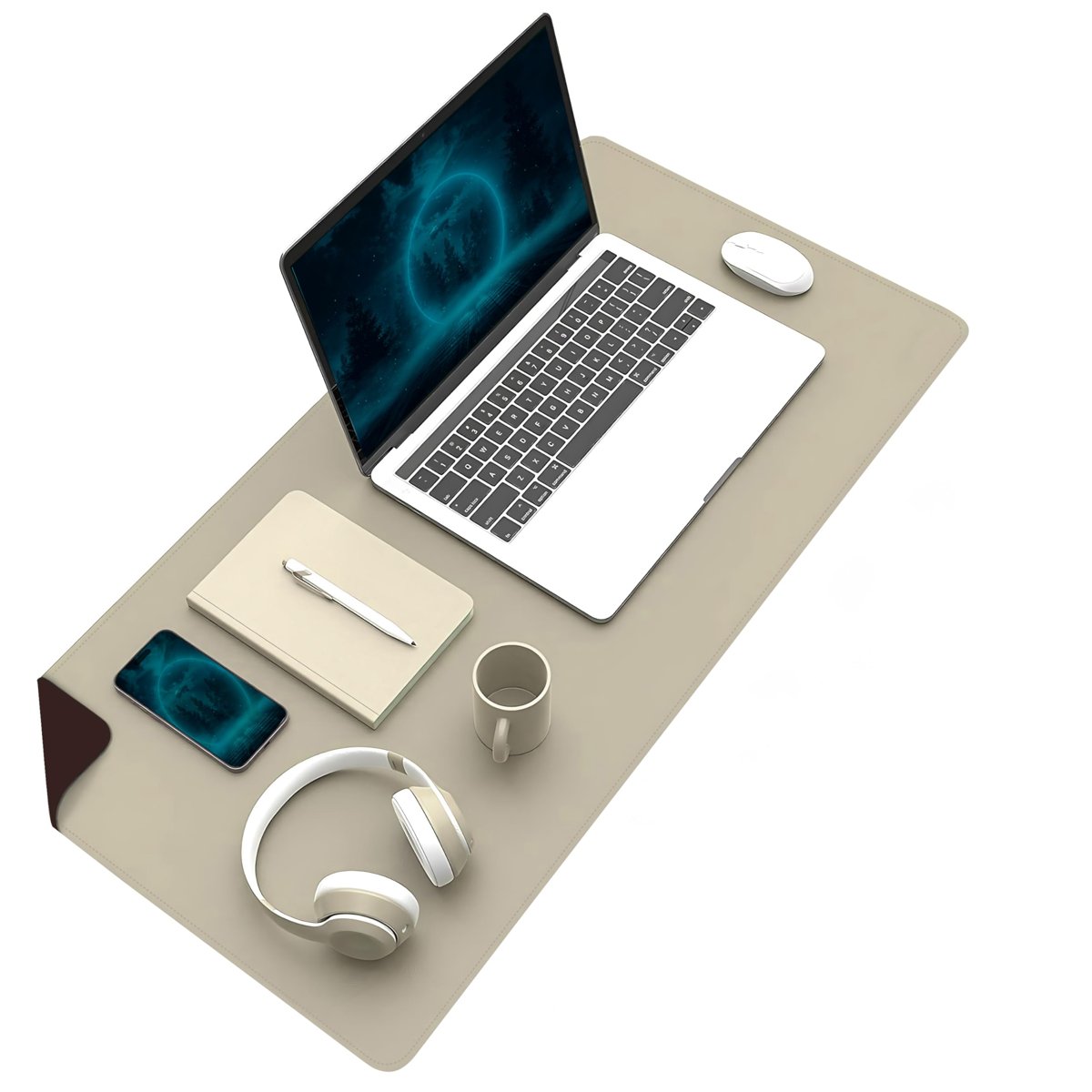 Klasse Çift Renk Dikişli PU Deri Masa Matı 80x40 Cm Mousepad, Su Geçirmez Masa Sümeni, Çift Taraflı Kullanım, Dizüstü Bilgisayar/Ofis/Ev için, Kaymaz Taban (Bej Ve Kahverengi)