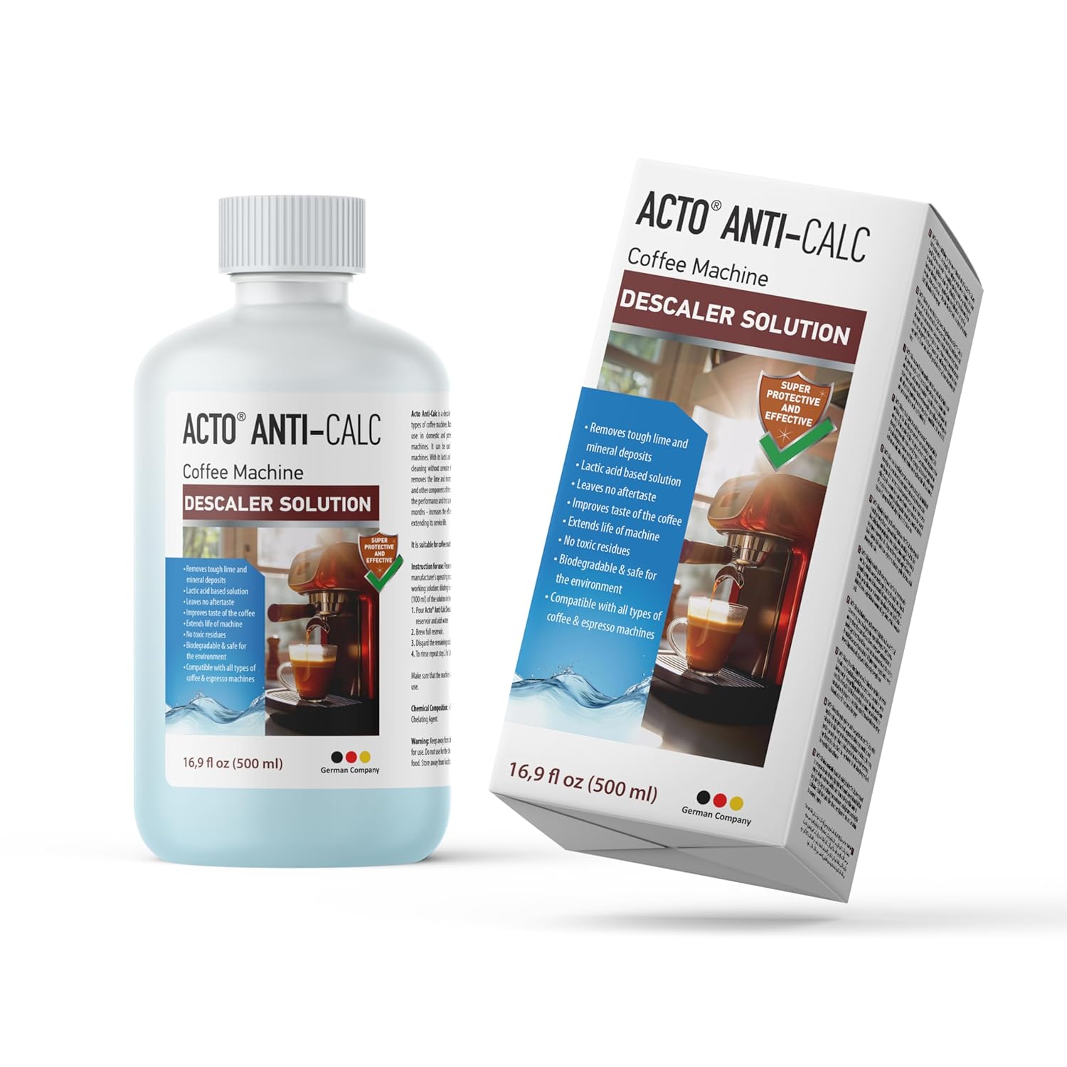 ACTO® ANTI-CALC 500 ml - Espresso Makinesi, Kahve Makinesi Kireç Çözücü, Her Tür Kahve Makinesi ve Su Isıtıcısı için Sıvı Kireç Çözücü