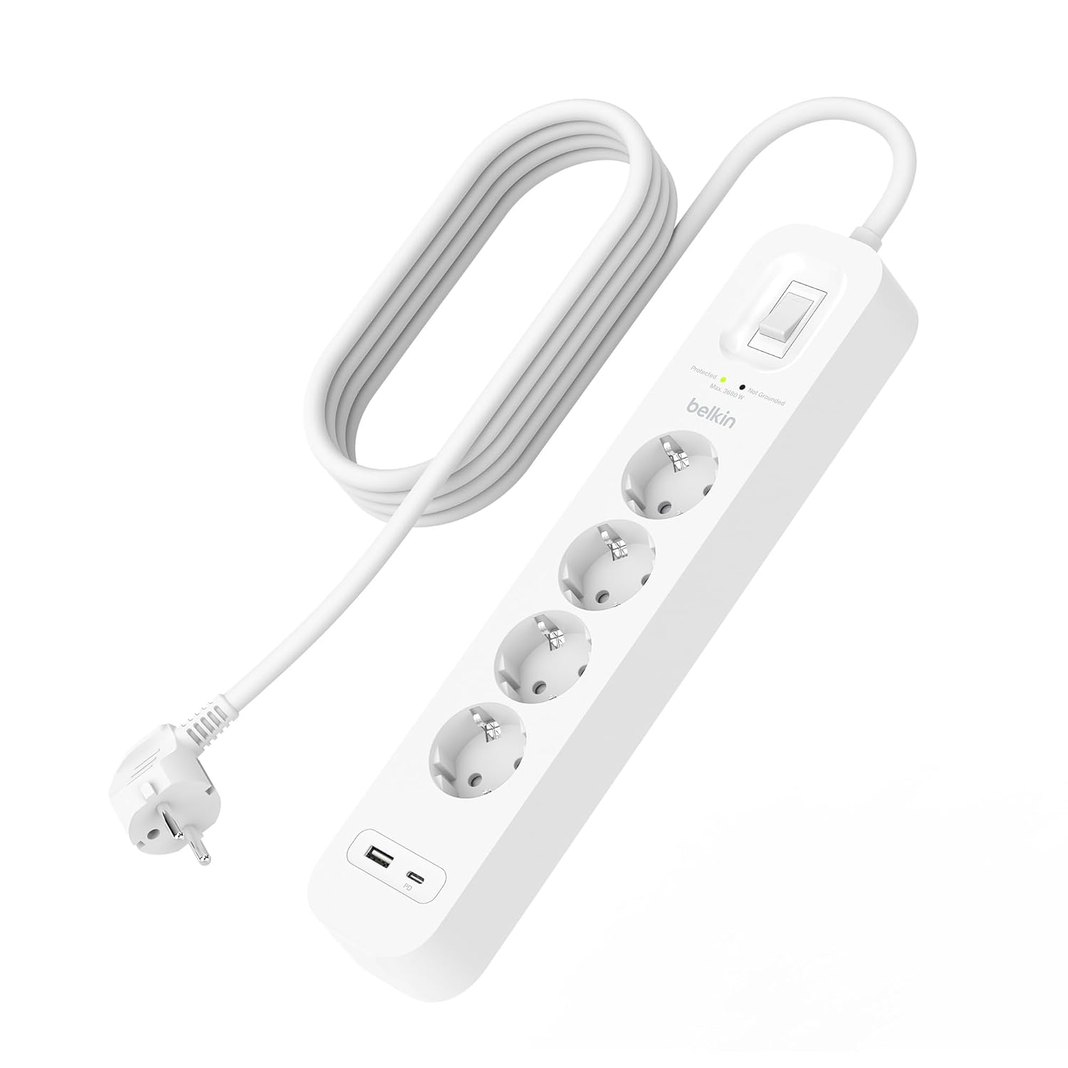 Belkin 4'lü çoklu priz, yüksek gerilim korumalı, duvara montaj, 4 priz, 2 m güç kablosu, yeşil ışıklı gösterge, hızlı şarj için USB C PD’li USB-C ve USB-A bağlantısı; 525 jul koruma