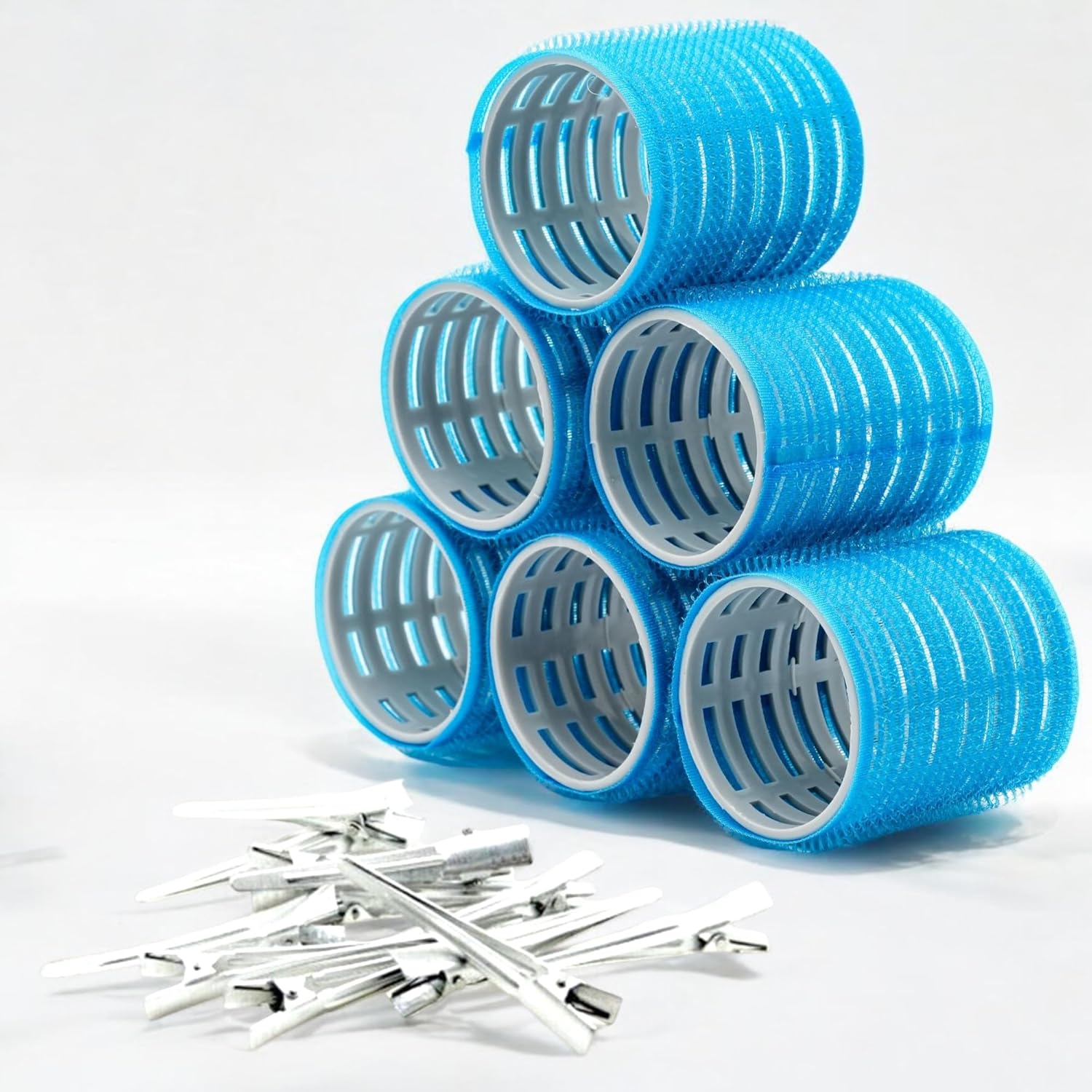 Croc 1214 Mega Boy Bigudi 6Lı + Saç Pensi 12li Cırtlı - Yapışkanlı Bigudi Mavi