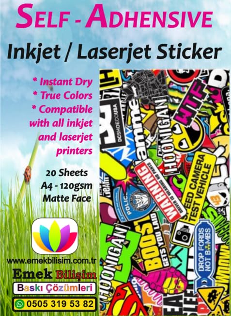 Inkjet Ve Laser Uyumlu Sticker Güçlü Yapışkanlı A4 Etiket Kağıdı MAT YÜZEYLİ 120gsm (20 yaprak)