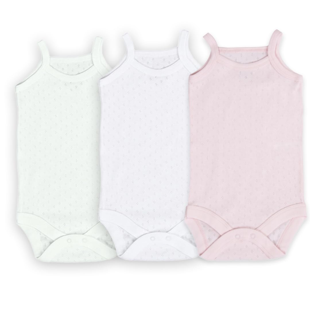 Novibaby 3'lü Jakarlı İp Askılı Bebek Body Zıbın Çıtçıtlı 100% Pamuk, Beyaz Ekru Pembe Bebek Atlet Body Zıbın (Pembe Beyaz Ekru, 18-24 Ay)