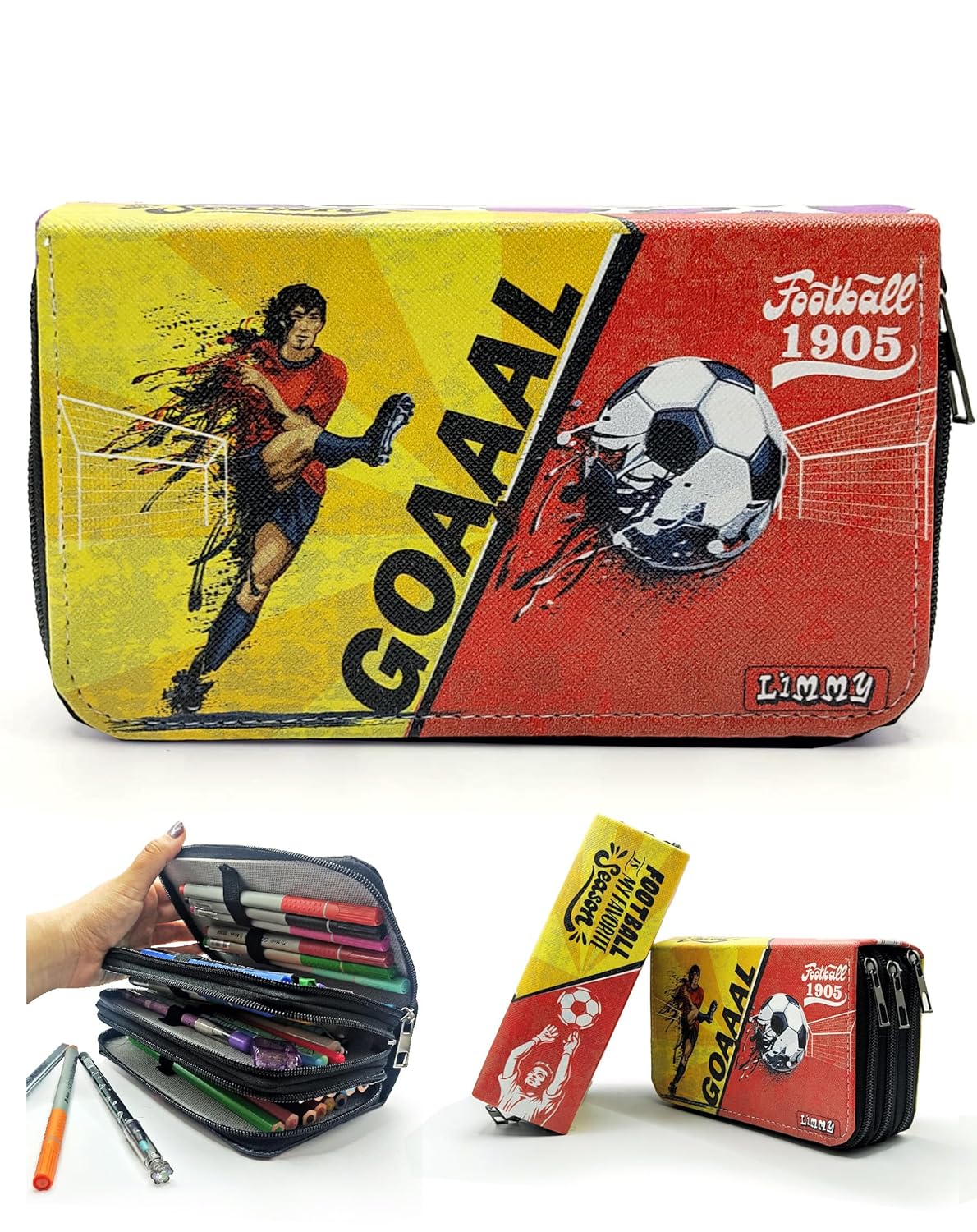 Limmy Kalem Kutusu Sarı-Kırmızı Taraftar Organizer Kalemkutu Vegan Deri Üç Bölmeli Kalemlik