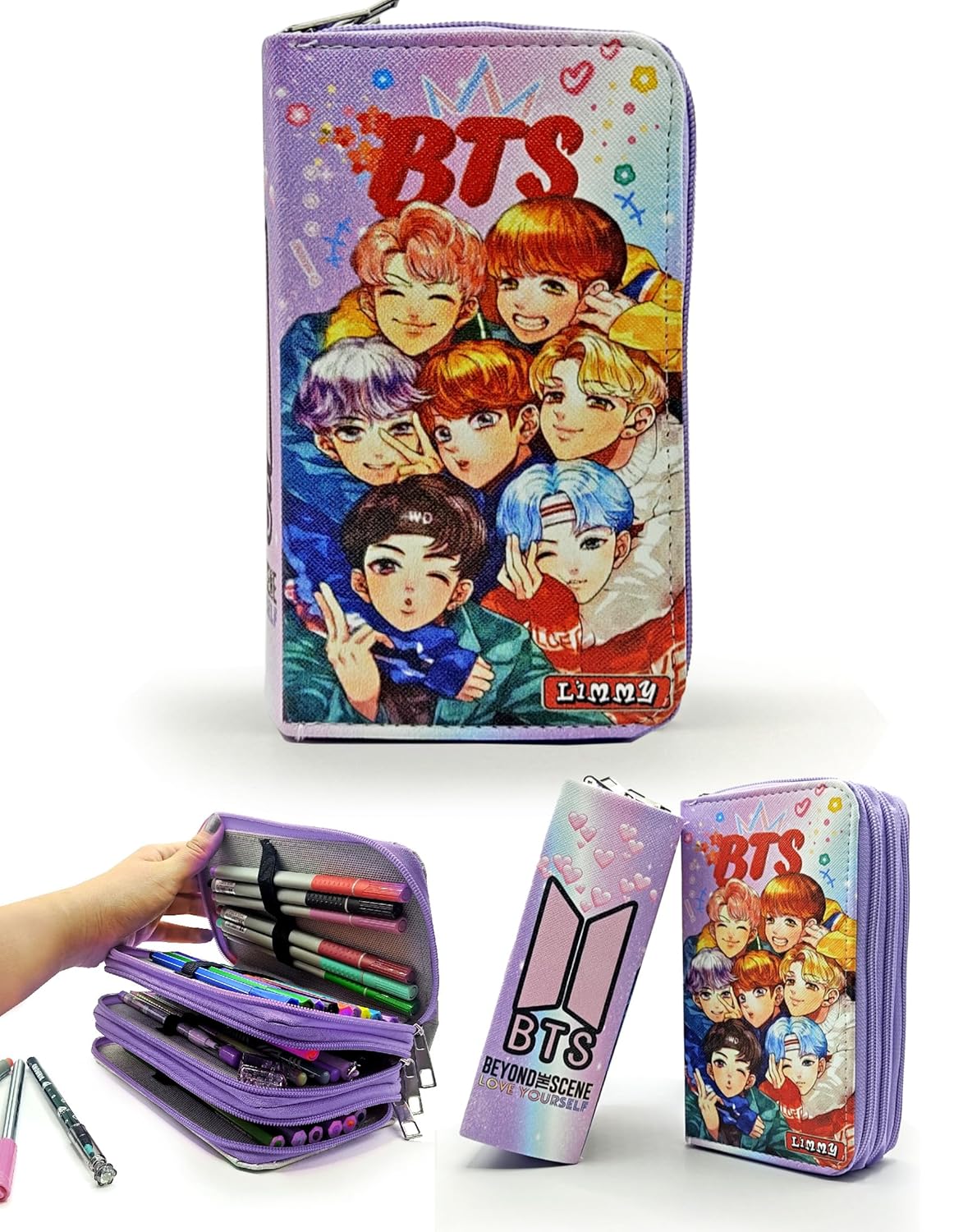 Limmy Kalem Kutusu BTS Desenli Kpop Organizer Kalemkutu Vegan Deri Üç Bölmeli Kalemlik
