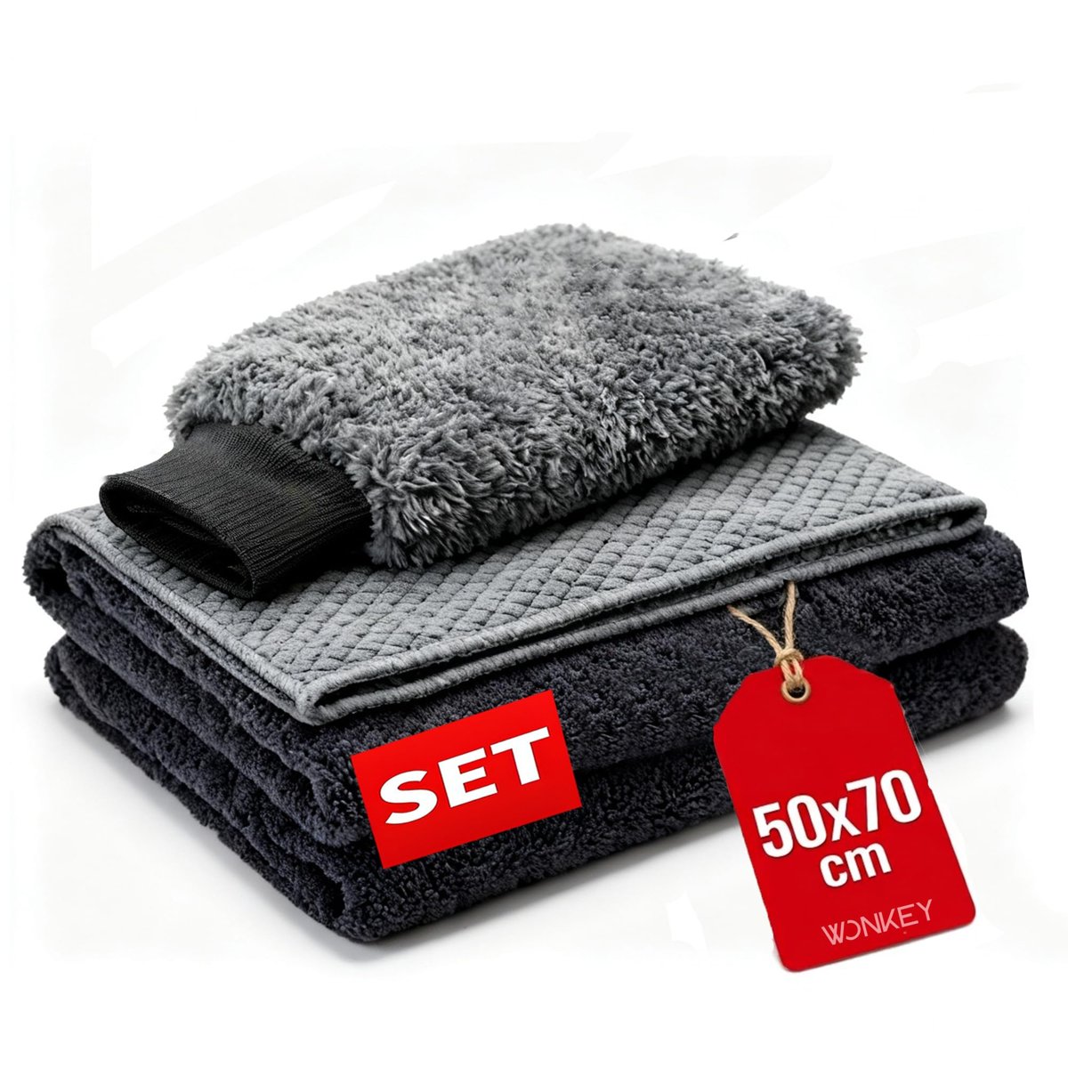 WONKEY - Mikrofiber Oto Yıkama Temizleme Seti | Araç Kurulama Havlusu + Otomobil Cam Bezi + Araba Yıkama Eldiveni Paketi, Profesyonel Araç Bakım Seti (3'lü Set)