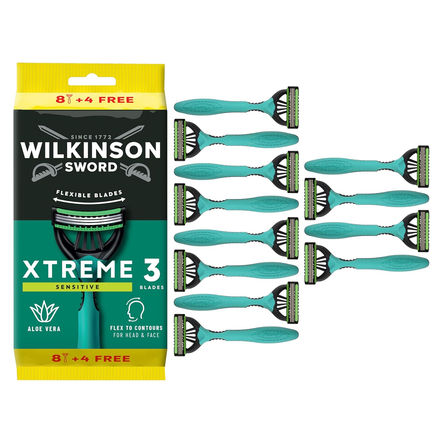 Wilkinson Sword Xtreme 3 Sensitive, 8 + 4 adet tek kullanımlık tıraş makinesi, E vitamini ve aloe vera yağlama bandı, yüz bakımı ve yumuşaklığı için en uygun