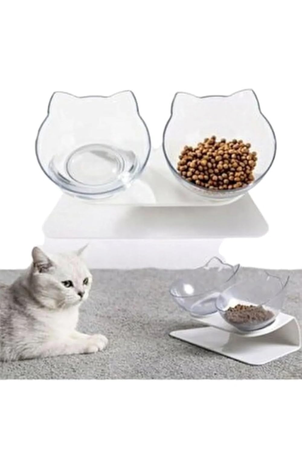 Tineke Standlı Kedi Kafalı Mama Kabı Şeffaf 2 li