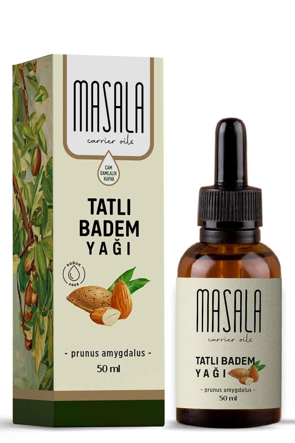 Masala Tatlı Badem Yağı 50 ml Soğuk Pres Kokusuz Nemlendirici Cilt Bakım Yağı