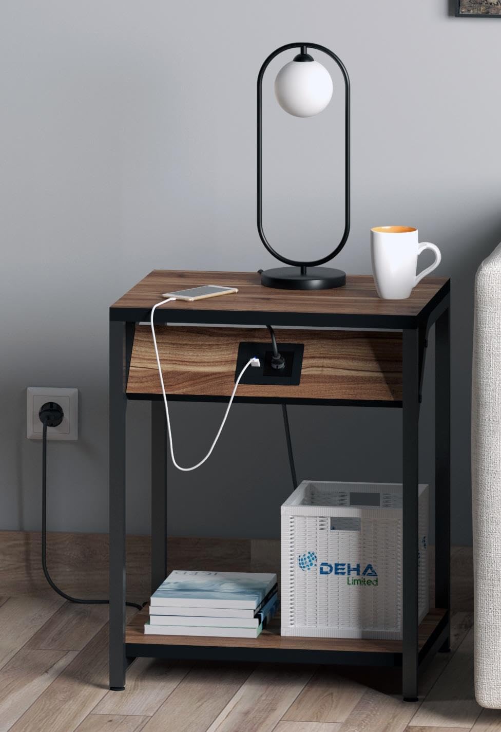 Dehalimited 220Volt Priz’li ve Usb Type C Şarj Modüllü Koltuk Yanı Yan Sehpa Komidin Elektrikli Akıllı Sehpa