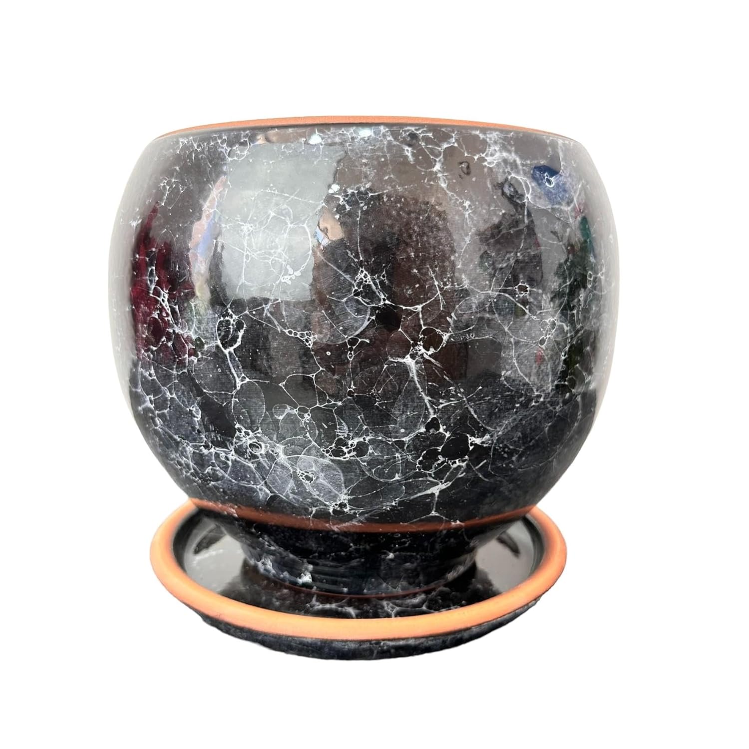 Bitki Tasarımı Ev Dekorasyon Siyah Mermer Efektli Artistik Çift Sırlı İç Ve Dış Mekan Kullanımlı Tabaklı Toprak Terrakota Saksı Saksılık Salon Çiçeklik