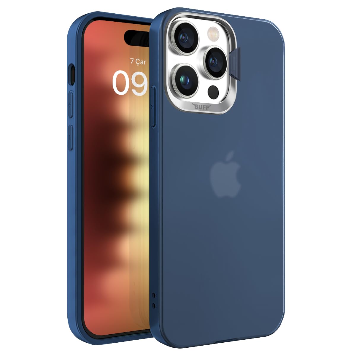 BUFF LABS iPhone 15 Pro ile Uyumlu New Corner Kamera Kapaklı Standlı Kılıf (Mavi)