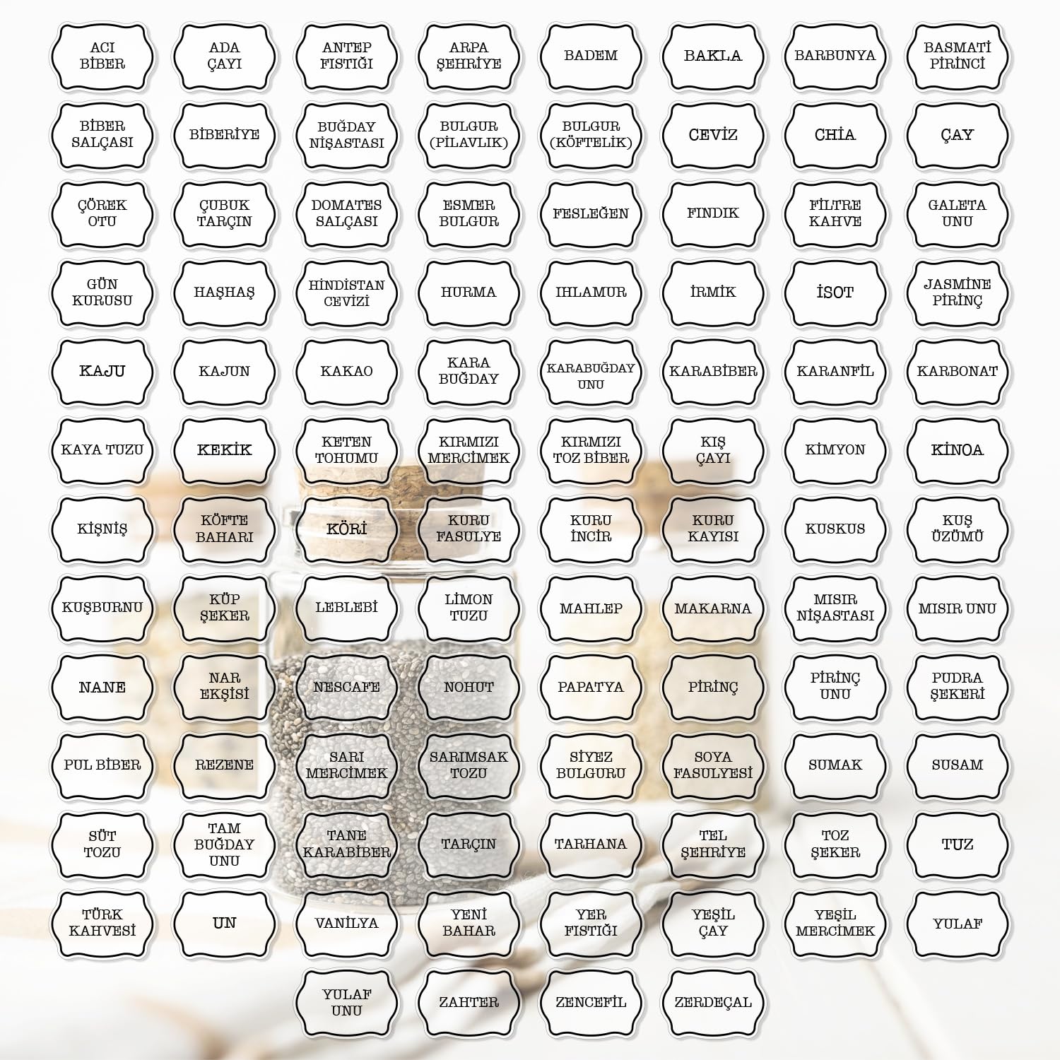 NeoPrint Şeffaf Baharatlık Etiketi 100 Adet Kavanoz Sticker Seti - Suya Dayanıklı Erzak Bakliyat Saklama Kabı Kutu Mutfak Düzenleyici - Kendinden Yapışkanlı Suya Dayanıklı Sökülebilir Vinil Çıkartma