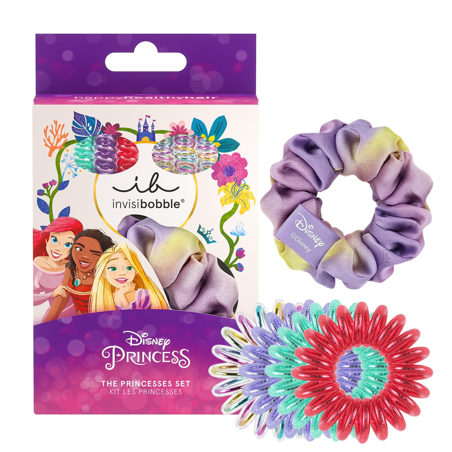 Invisibobble Kids The Disney Princesses – 7'li set: 1 Kumaş kaplı Sprunchie & 6 Spiral Saç Tokası
