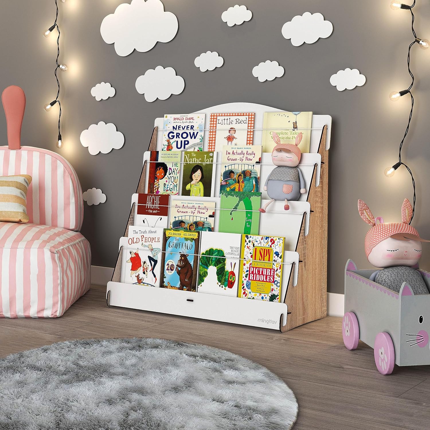 Mingitav Lucky Montessori Ahşap Çocuk Odası 4 Raflı Kitaplık (Meşe - Beyaz)