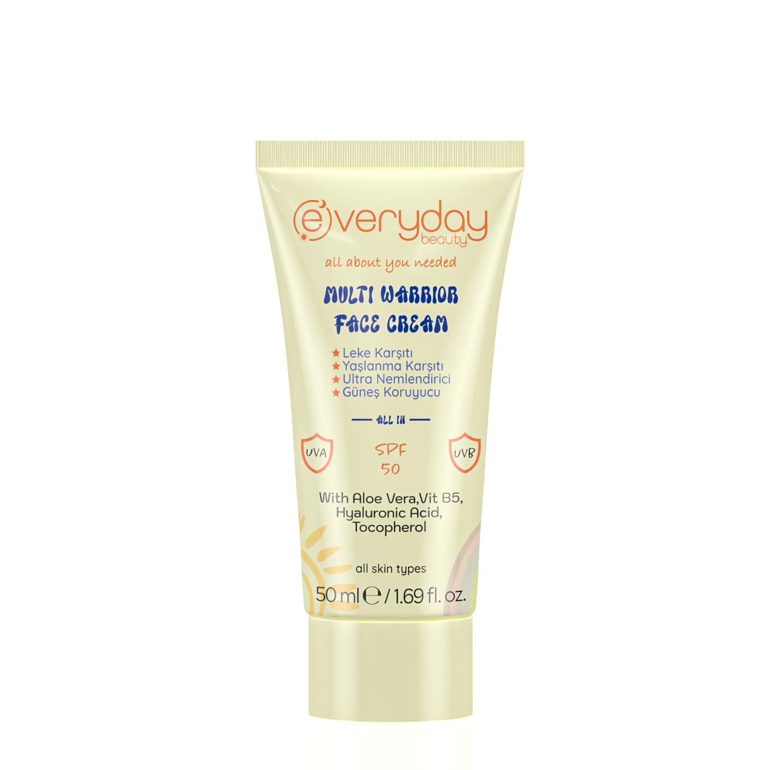 Everyday Beauty Multi Warrior SPF50 Leke ve Yaşlanma Karşıtı Nemlendirici UVA - UVB Güneş Koruma 4 Etkili Yüz Kremi 50ml, Tüm Ciltler için